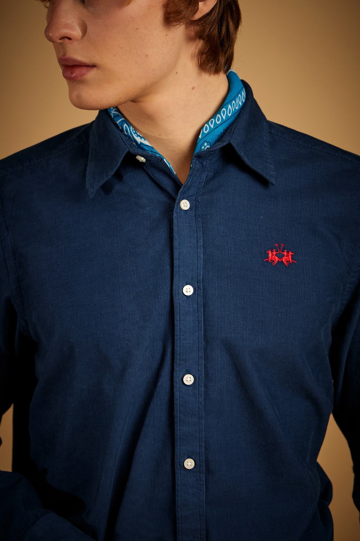 Men's cotton velvet shirt with contrasting logo - Taron