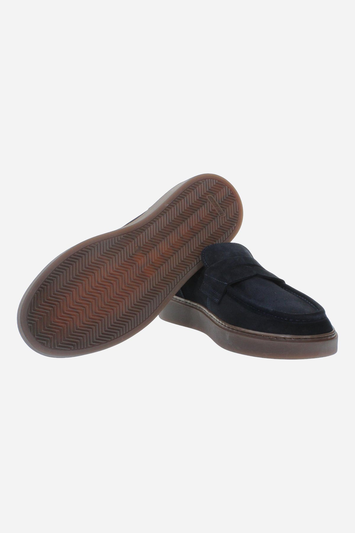 Men's suede loafer with glove stitching, embossed logo, and brown rubber sole for comfort and style. Handcrafted in Italy for casual and semi-formal wear. - Salute