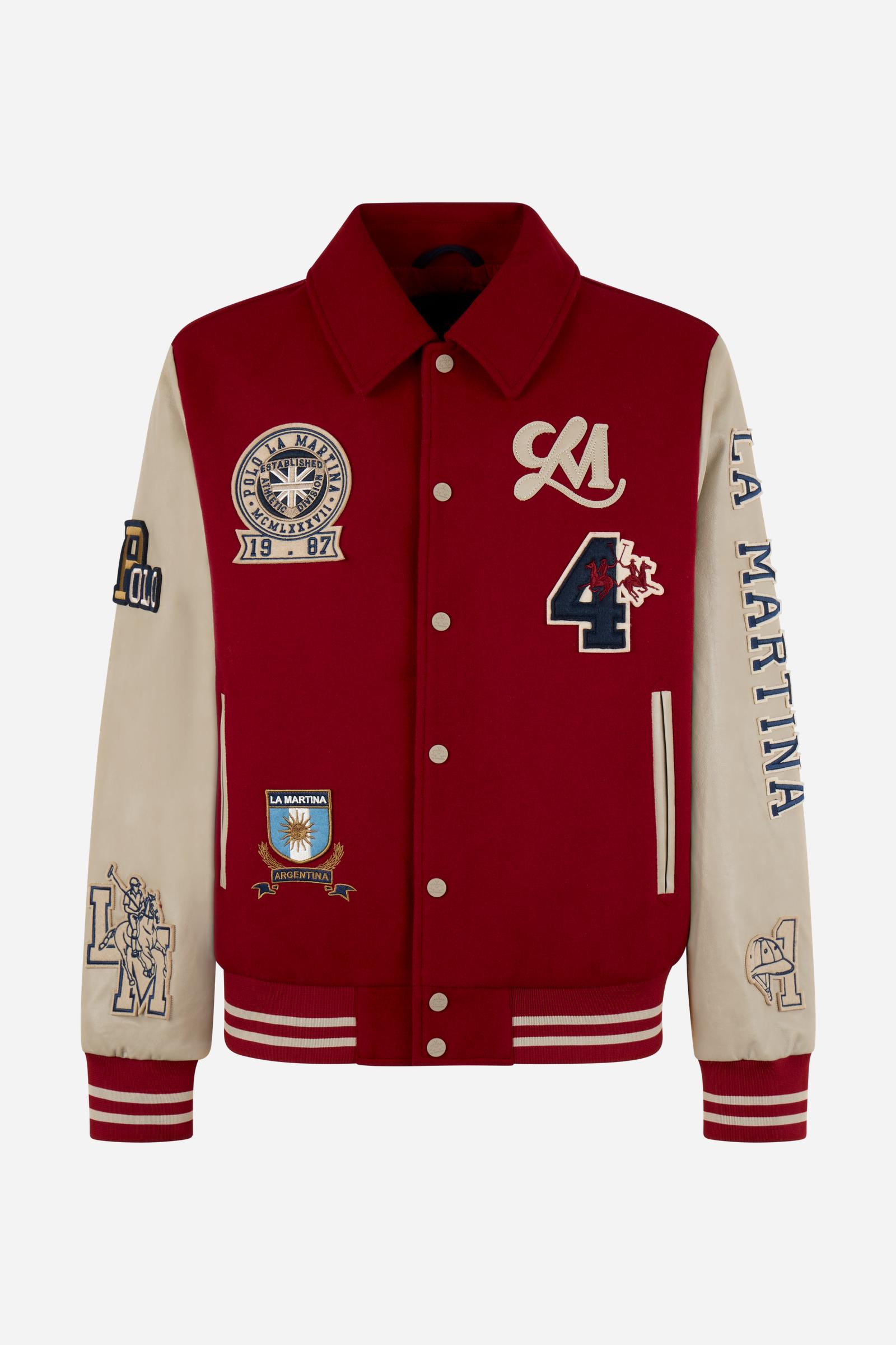 Men's long-sleeve varsity jacket with wool felt body, contrasting faux leather sleeves, ribbed trims, padded lining, chenille patches, and embroidered logo for classic style. - Red Dahlia/Sheer Bli