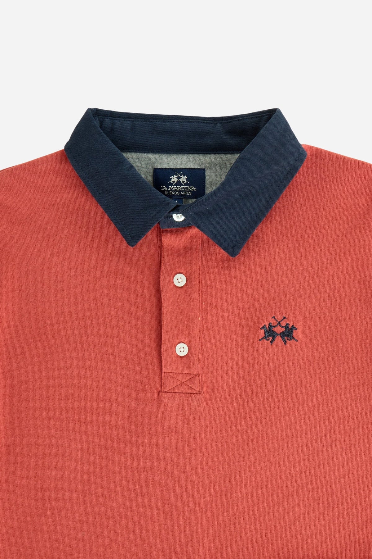 Men's long-sleeve polo made from heavy cotton jersey with ribbed cuffs, contrasting gabardine collar, embroidered logo, and a comfortable regular fit. - Garnet Rose
