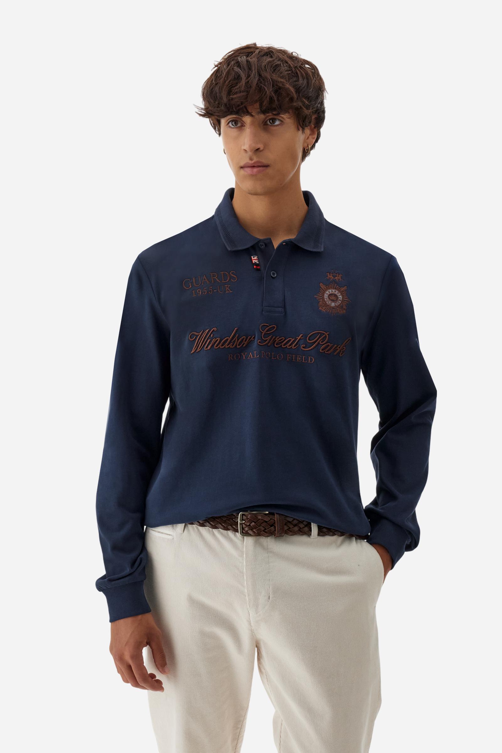 Men’s long-sleeve polo in warm cotton jersey, with contrast collar and Guards graphics. - Navy