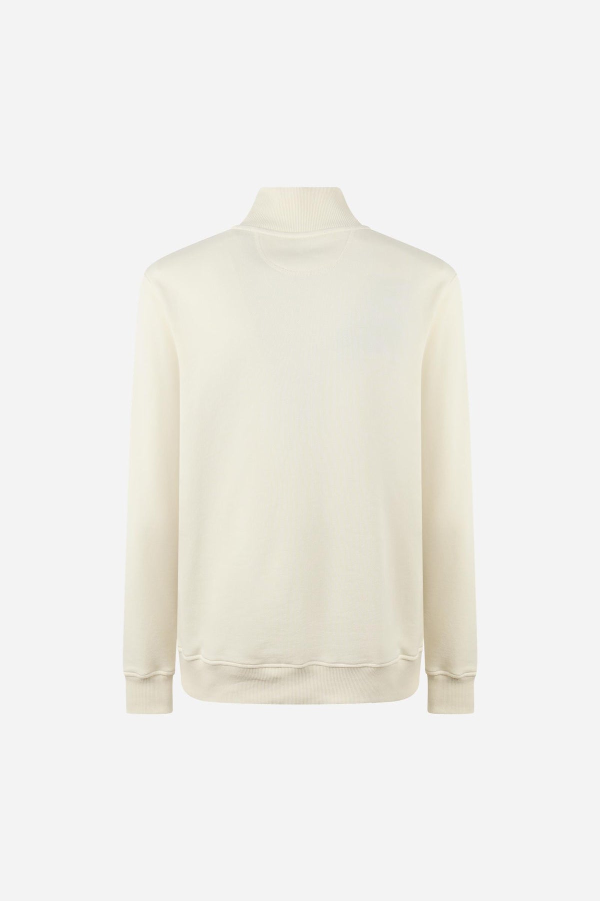 Men's 100% cotton fleece sweatshirt with a high collar, customized zipper, ribbed cuffs and hem, regular fit, and a subtle embroidered logo for comfort and style. - Pristine