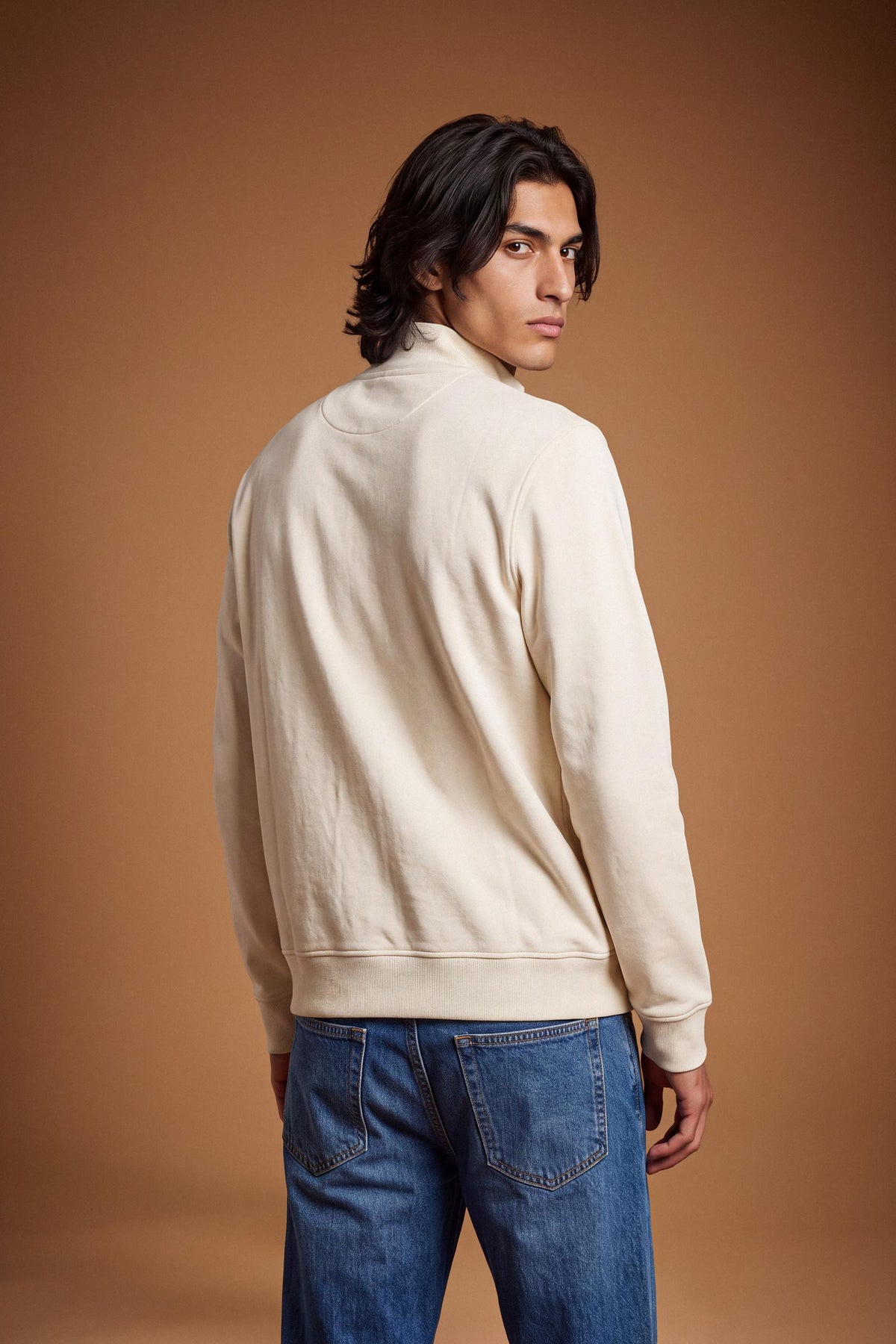 Men's 100% cotton fleece sweatshirt with a high collar, customized zipper, ribbed cuffs and hem, regular fit, and a subtle embroidered logo for comfort and style. - Pristine