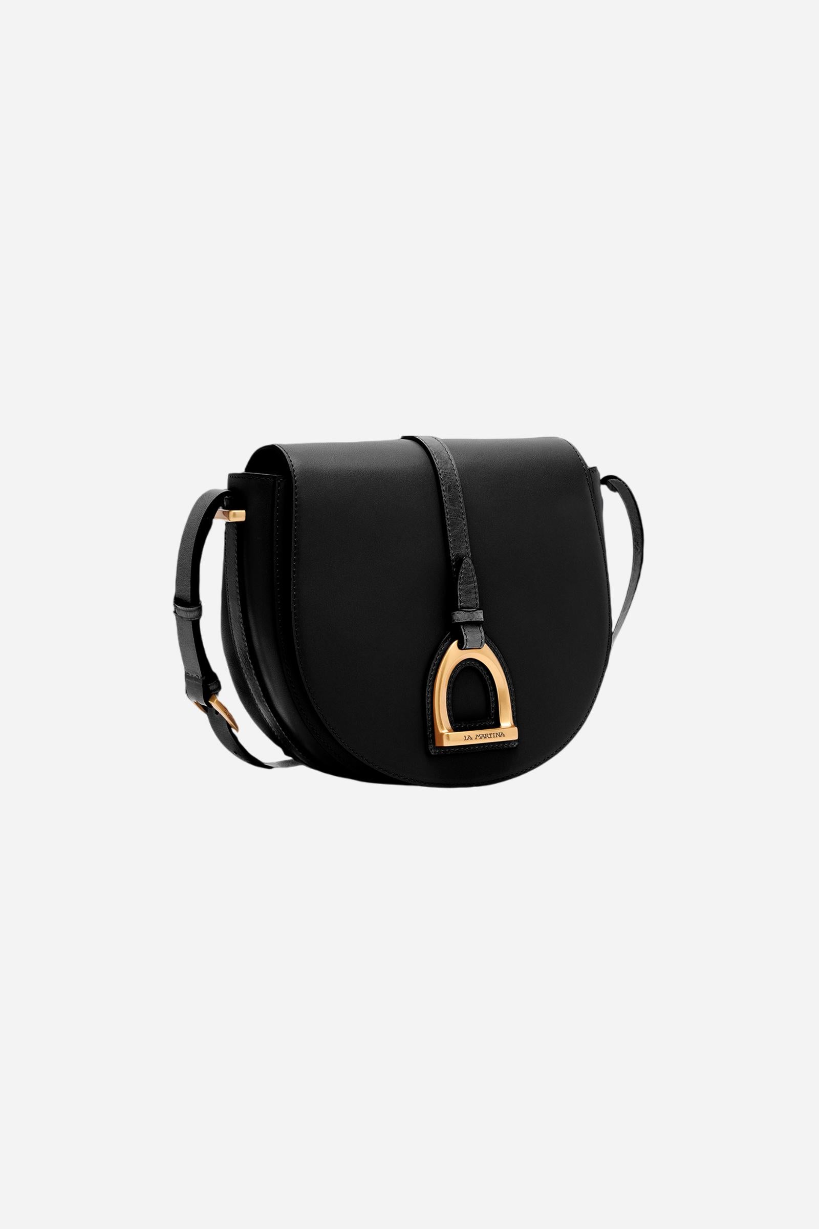 Small crossbody bag in calfskin leather and leather. Curved design with large golden buckle and contrasting details. - Black