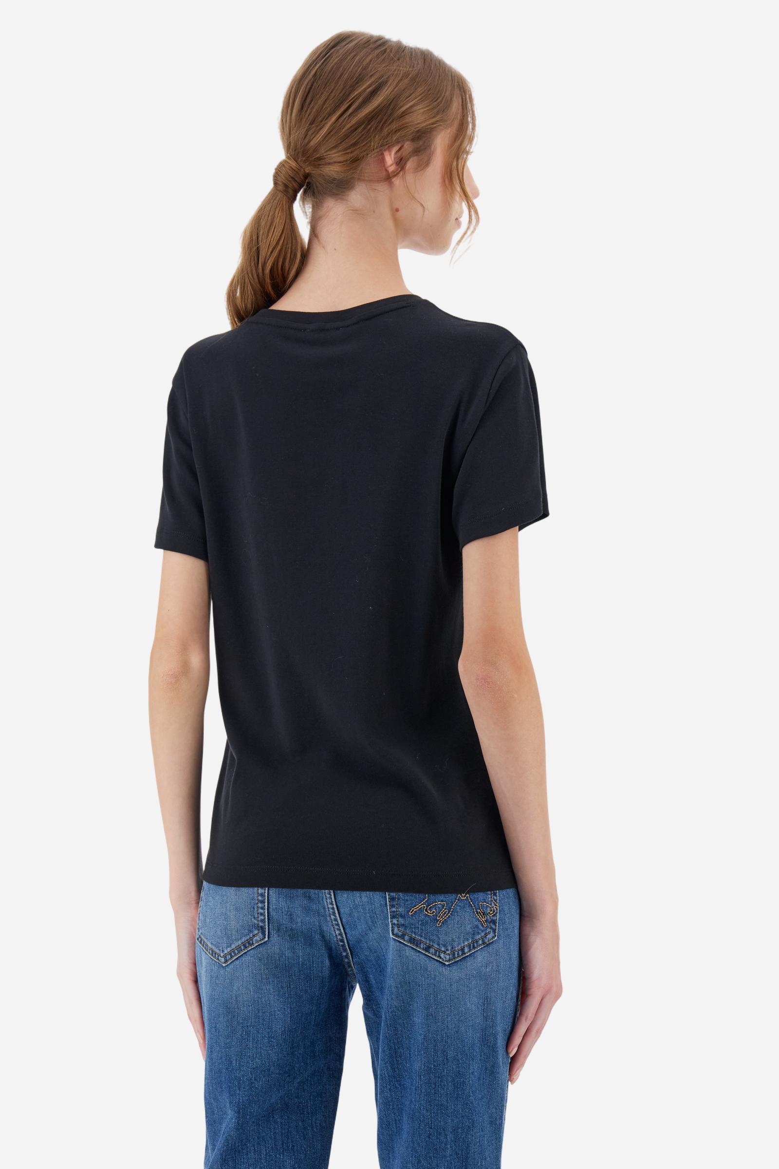 Women’s short-sleeve T-shirt in 100% cotton ribbed jersey. Crew neck model with contrast detail inside the neckline and maxi flock print of the brand logo on the chest in contrast colour. Slim fit. The model wears size 2. - Black