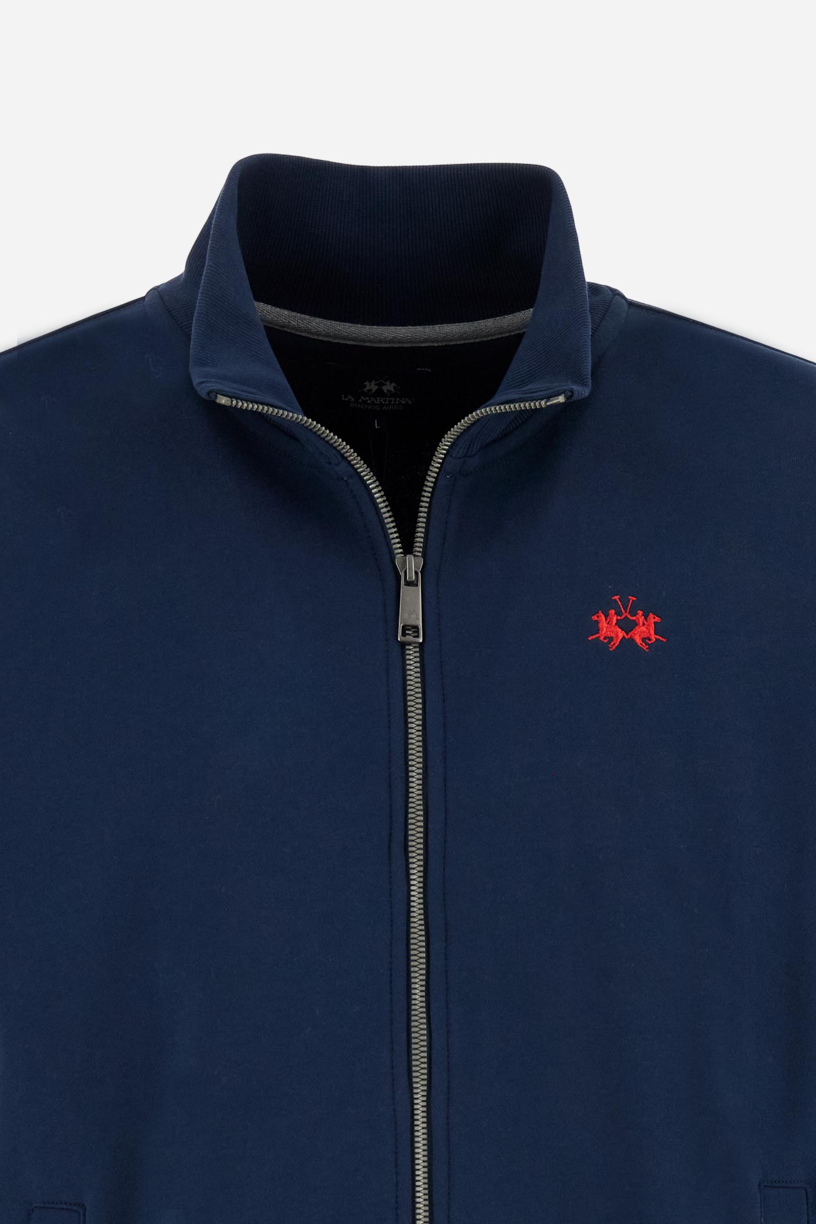 Men’s long sleeve sweatshirt made of lightweight 100% cotton summer fleece. Featuring a high neck with full front opening and personalized zip. Ribbed collar, cuffs and hem. Regular straight fit. Small contrast embroidered brand logo on the chest. The model wears size L. - Navy                                                                                                                                                                                                                                          