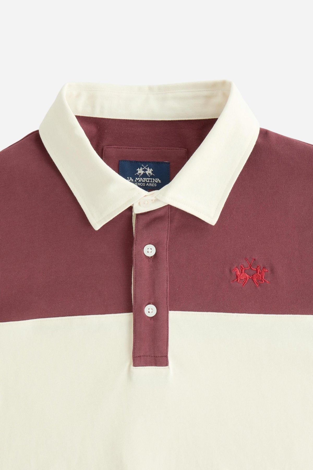 Men's long-sleeve polo in heavy 100% cotton jersey with two-tone collegiate color block, rugby construction, contrasting collar, and embroidered logo for comfor - Port Royale/Pristine