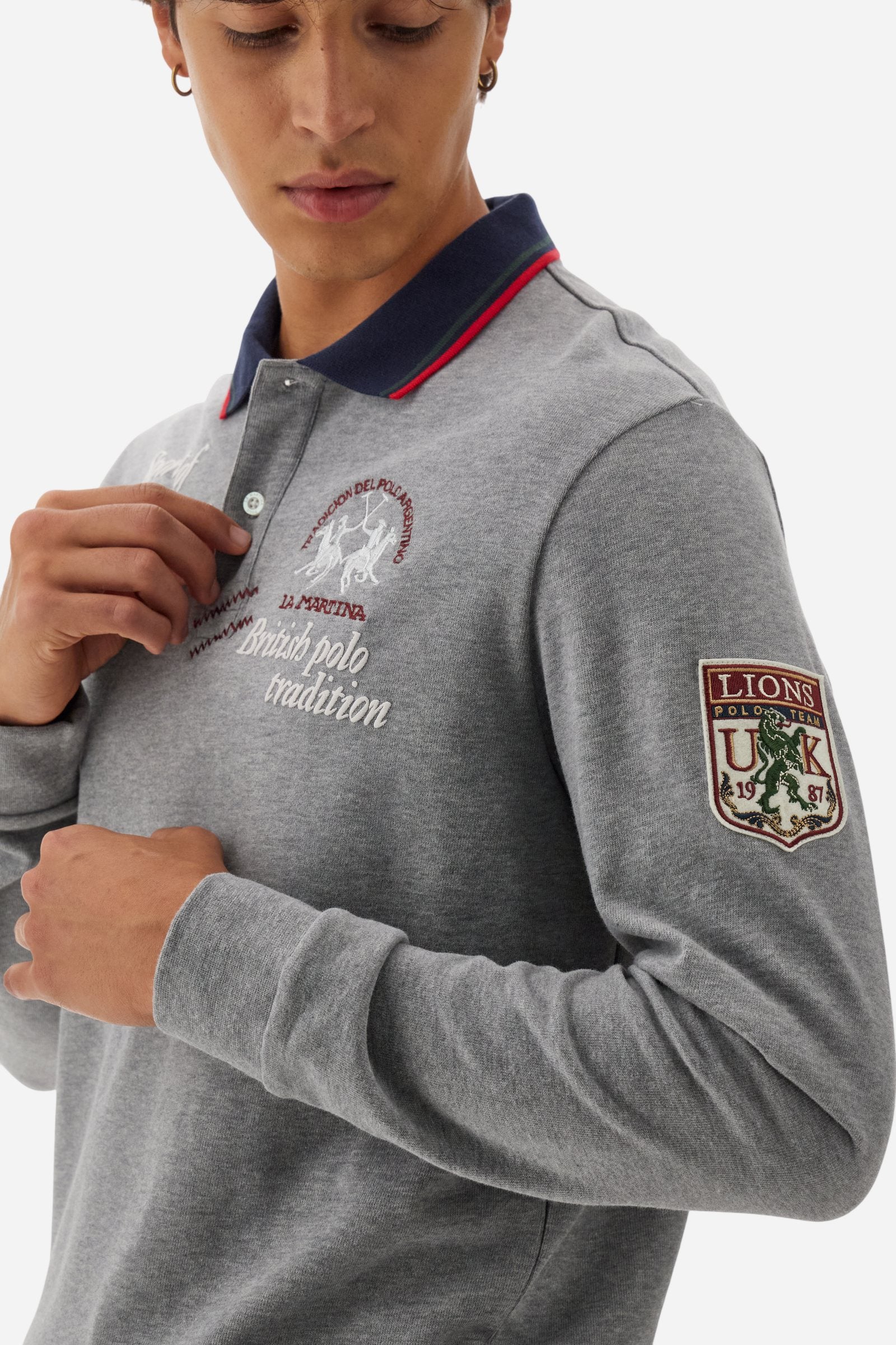 Men’s long-sleeve polo in warm cotton jersey, classic fit with contrast collar and colourful British Polo-inspired prints. - Medium Heather Grey