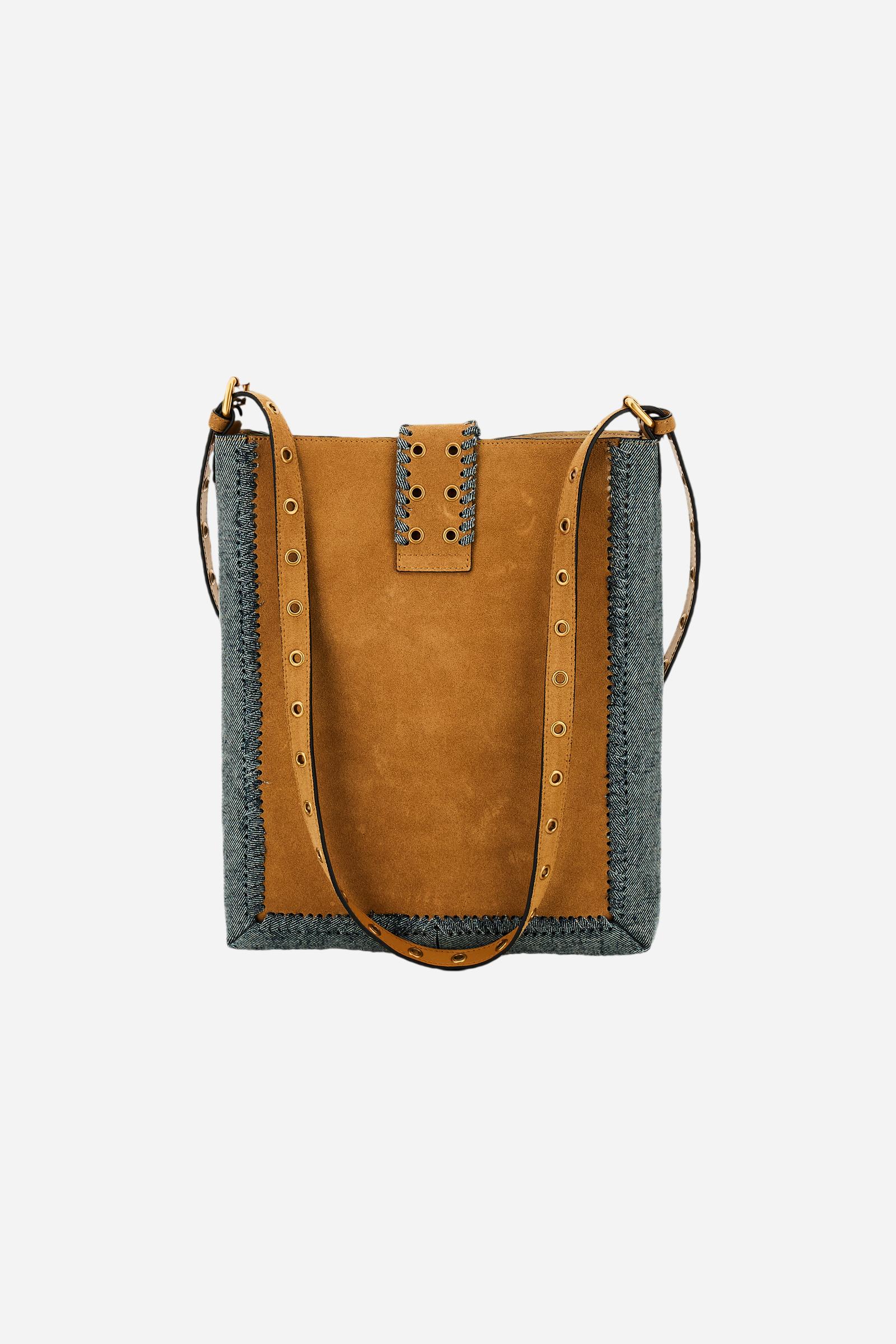 Damen-Umhängetasche aus Veloursleder und Denim mit Intarsien-Detail - Fuego Crossbody