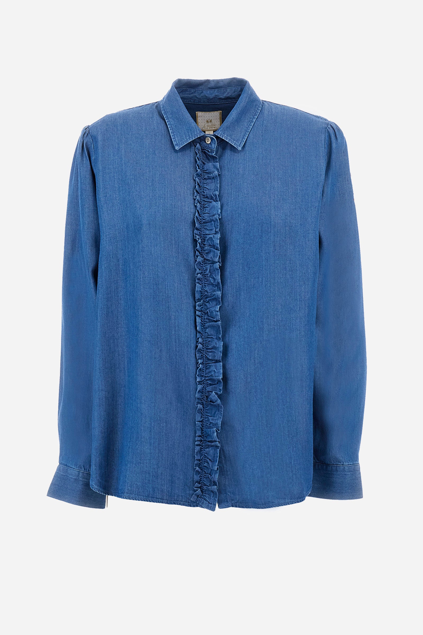 This long-sleeved women's shirt with a regular fit is made of solid-coloured denim fabric, characterised by the rouge on the front profile that covers the buttons and by the classic collar. An embroidered crown logo on the sleeve completes the overall look. This garment is perfect for creating a casual and versatile outfit. The model is 174 cm tall and wears a size 2. - Medium Indigo Denim
