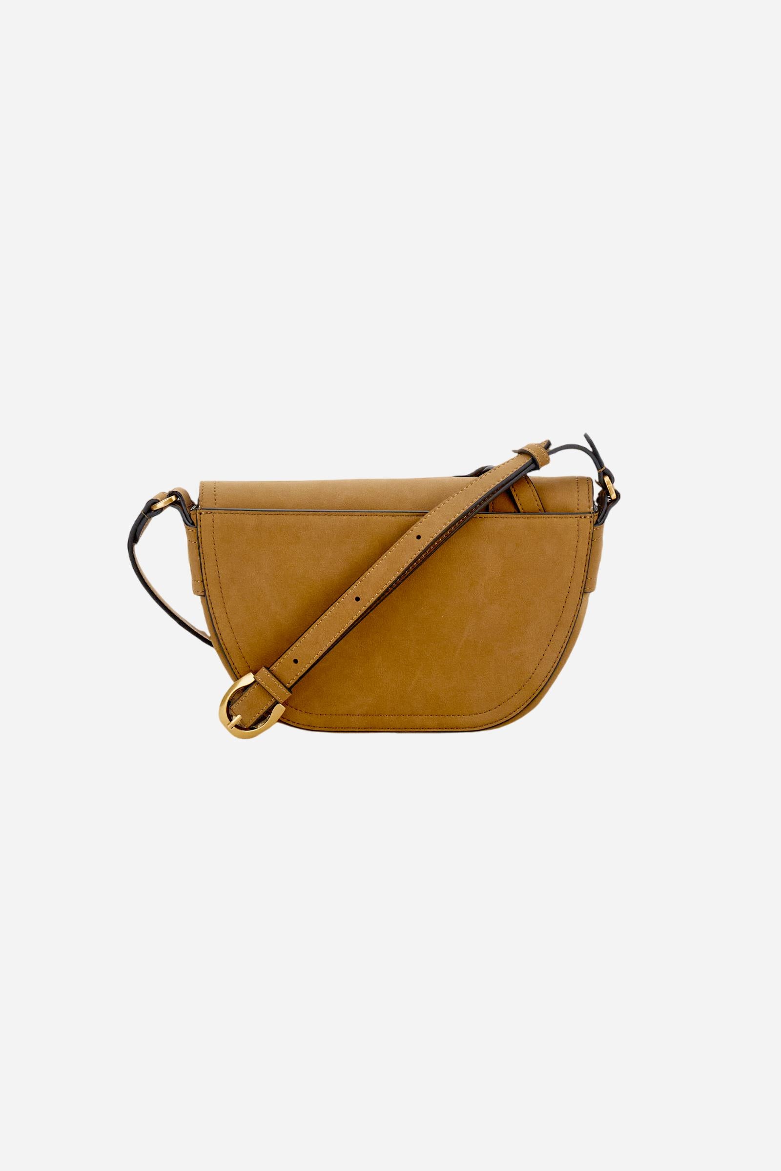 Small crossbody bag in nubuck. Compact and velvety, with flap and golden metal logo buckle. - PALISANDER