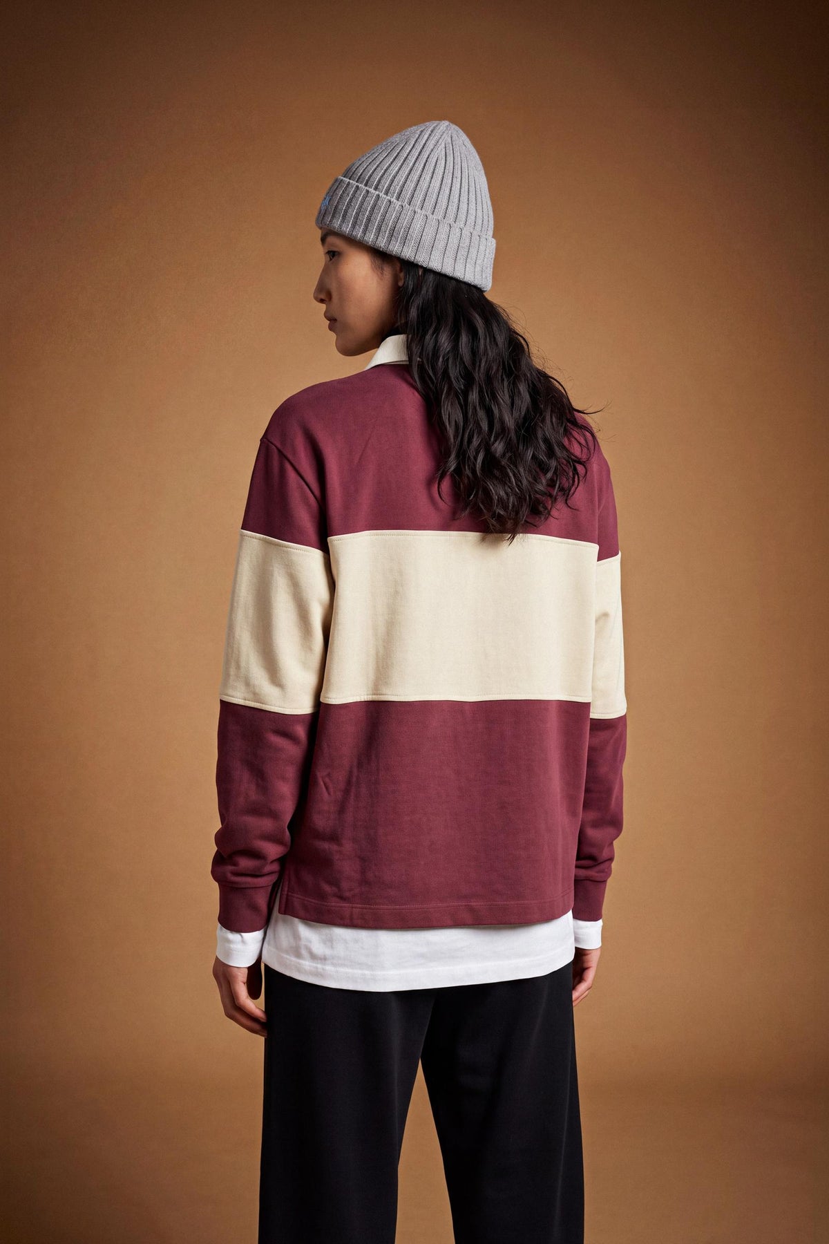 Women's long-sleeve polo in heavy 100% cotton jersey, featuring a contrast gabardine collar, double twill placket, color block stripes, and embroidered logo. - Port Royale/Pristine