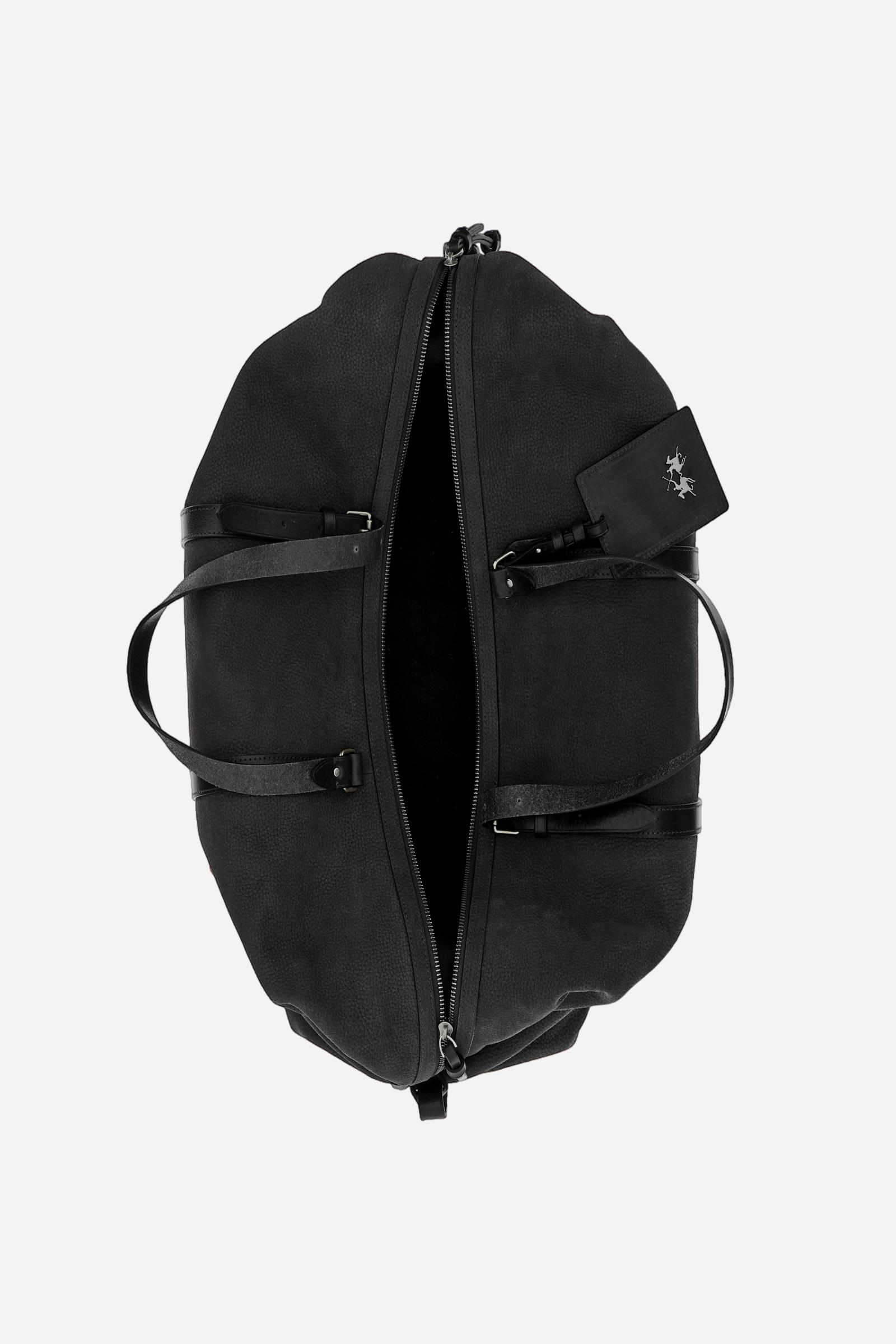 Travel duffle bag in embossed nubuck. Spacious and elegant, with leather straps and double zip closure. - Black