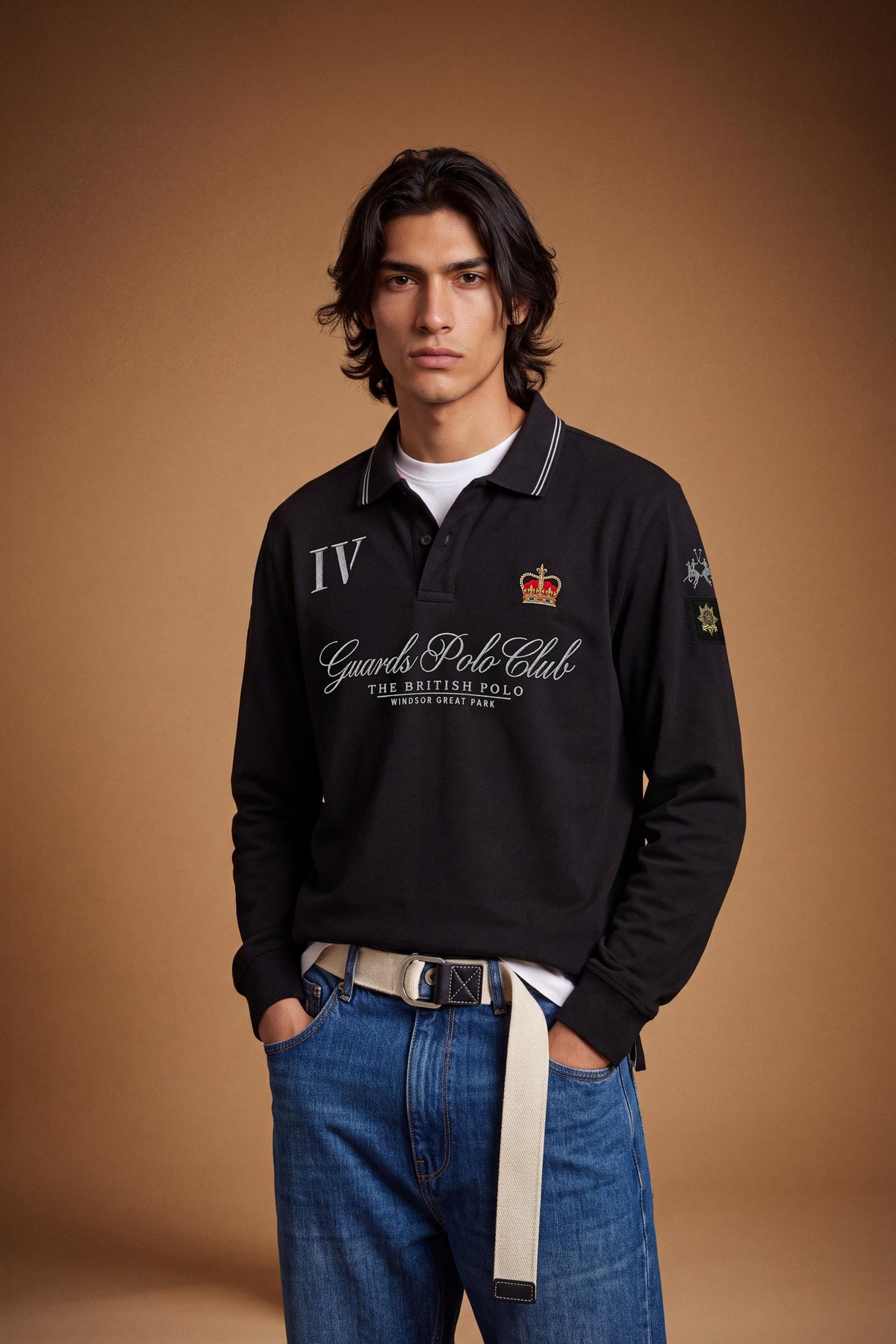 Men's long-sleeve cotton piqué polo with a regular fit, ribbed collar and cuffs, contrasting details, and multicolored embroidered logos for a refined look. - Black