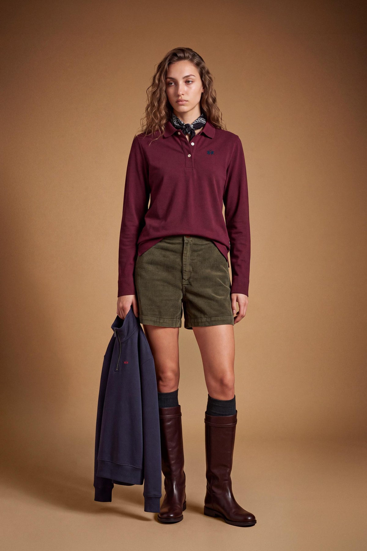 Women's long-sleeve polo shirt in 100% cotton piqué with a regular fit, ribbed collar, button front, fabric cuffs, and embroidered brand logo detail. - Port Royale