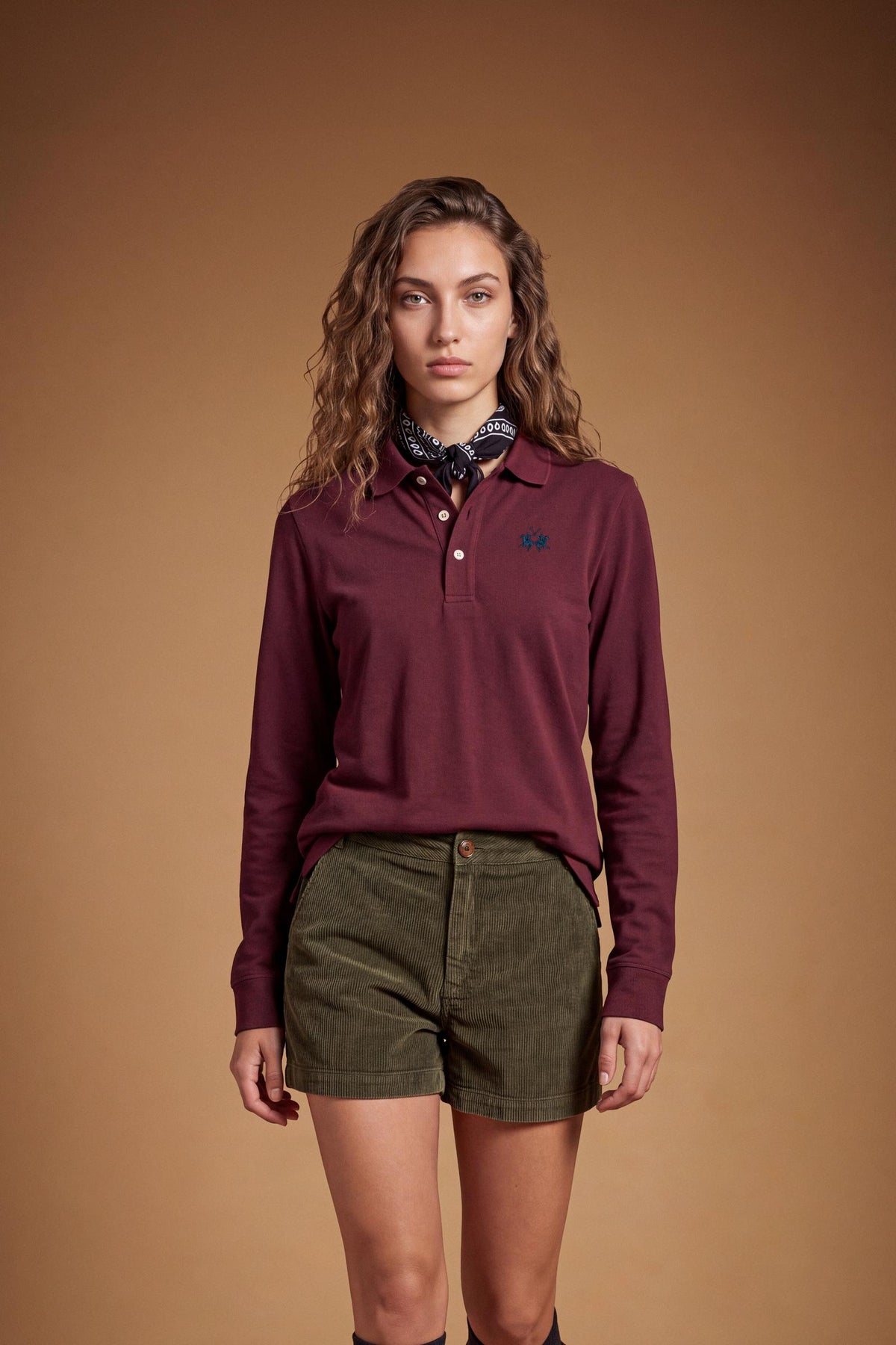 Women's long-sleeve polo shirt in 100% cotton piqué with a regular fit, ribbed collar, button front, fabric cuffs, and embroidered brand logo detail. - Port Royale