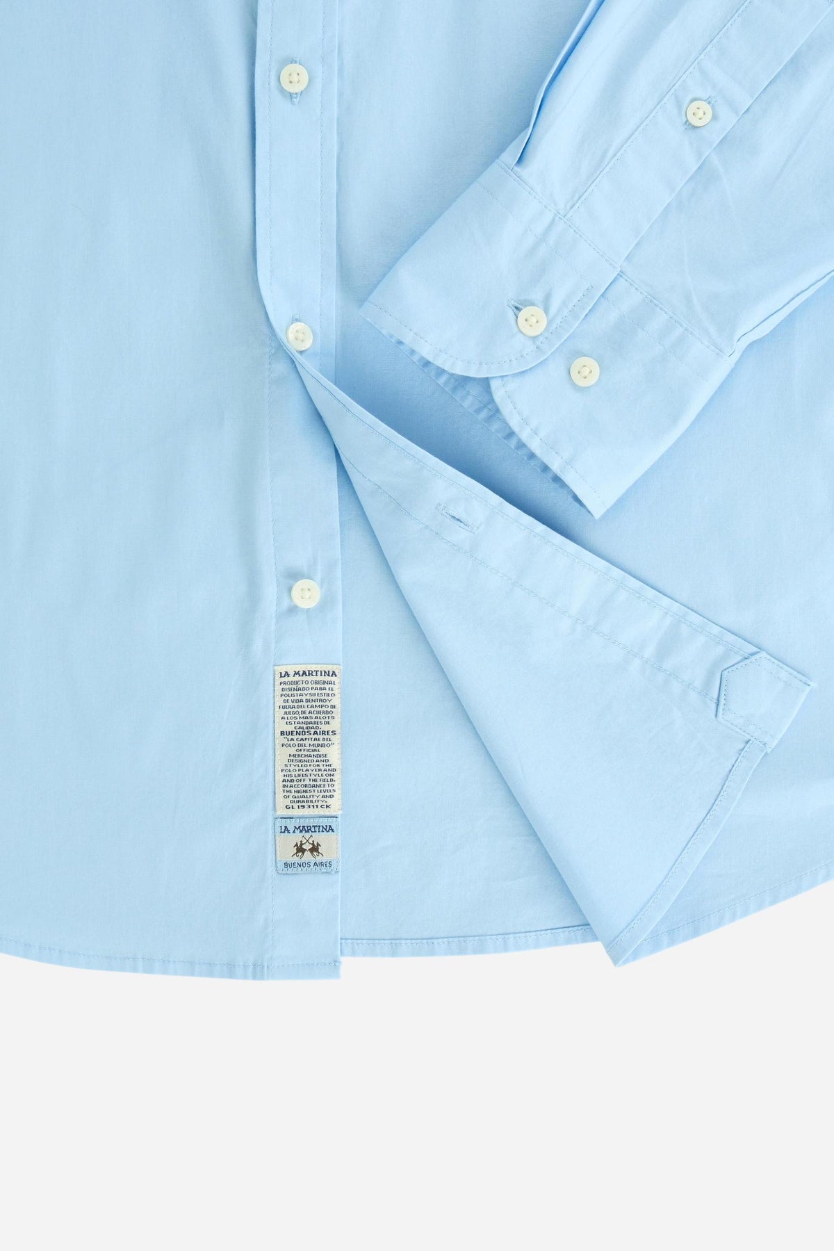 Men's long-sleeve 100% cotton poplin shirt with regular fit, French collar, custom buttons, single-button cuff, and Argentina Edition labels for a refined look. - Blue Bell