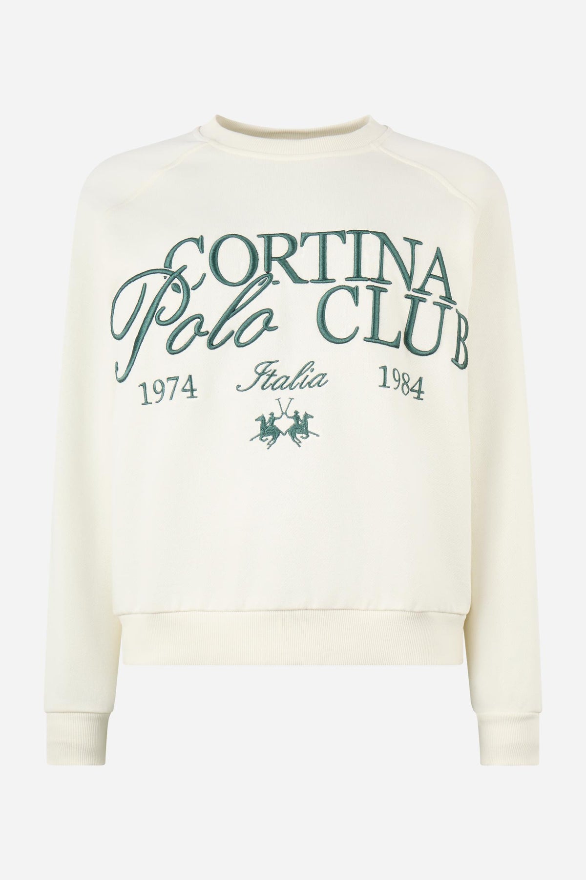 Women's long-sleeve sweatshirt in soft brushed cotton with ribbed crew neck, cuffs, and hem. Relaxed fit with embroidered large Cortina Polo Club logo for style and comfort. - Pristine