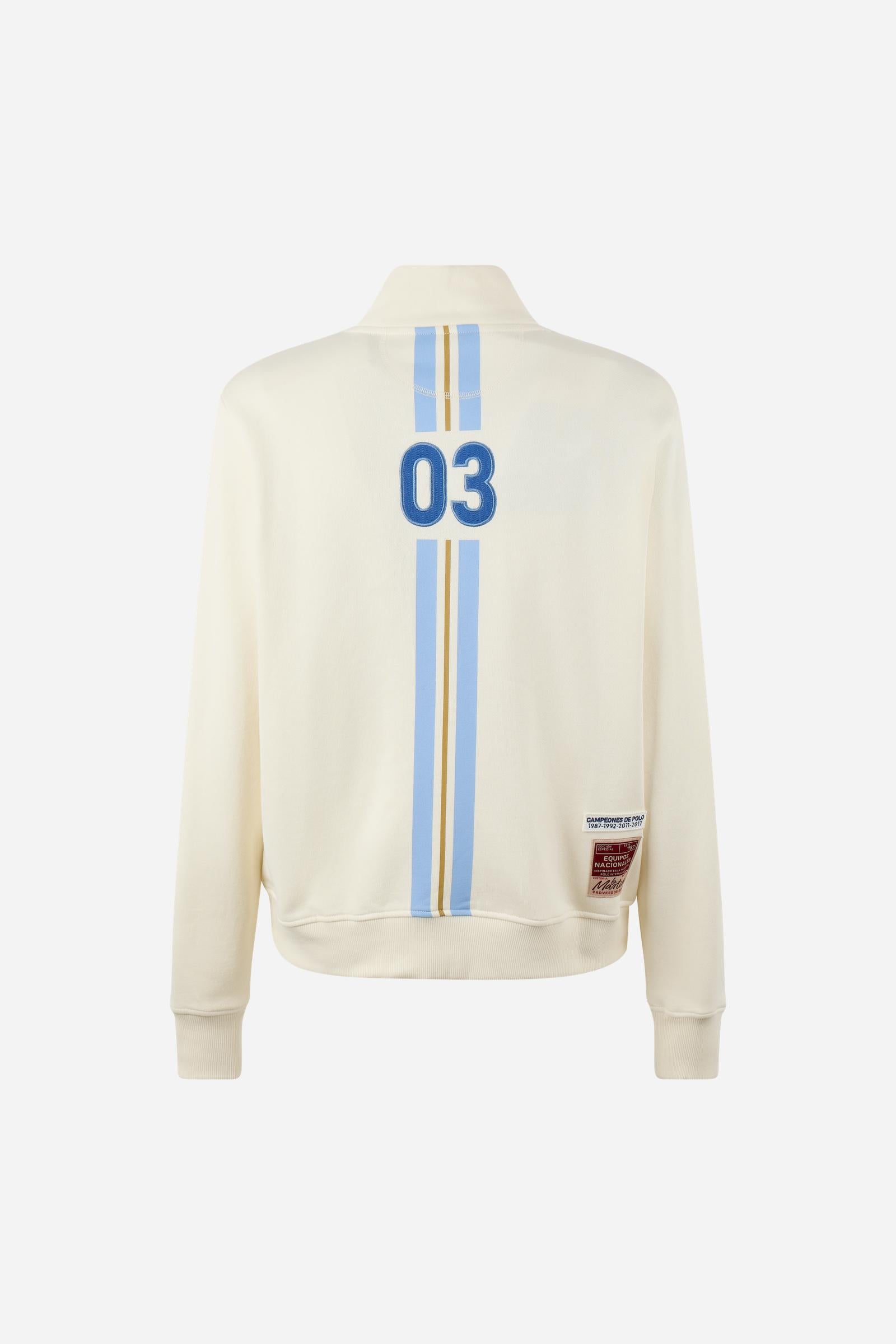 Men's long-sleeve sweatshirt in brushed cotton fleece with high collar, double-slider zipper, ribbed cuffs, embroidered Argentina Polo Team graphic, and side pockets. - Pristine