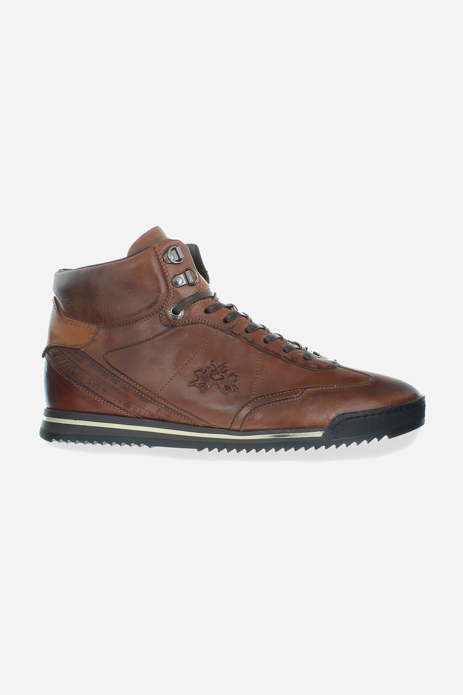 High-top men's trainer in calfskin with contrasting leather inserts