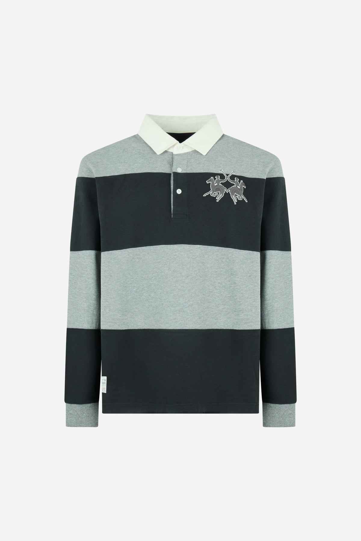 Men's long-sleeve polo made from heavy 100% cotton with a modern fit, dropped shoulders, wide rugby stripes, contrasting gabardine collar, and bold logo details. - M.H.Grey/Navy Blazer