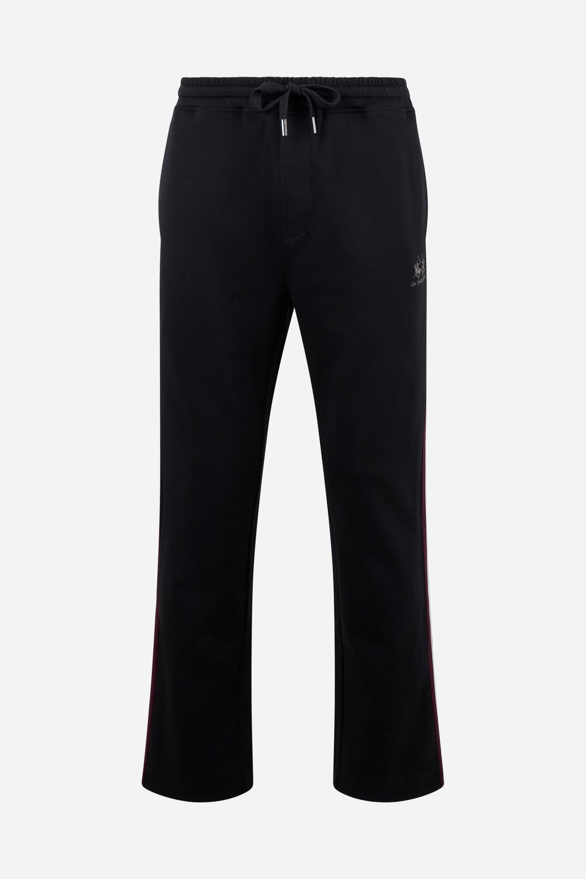Men's cotton interlock jogging pants with elastic waistband, adjustable drawstring, side and back pockets, multicolored stripes, and a soft, sporty silhouette. - Black