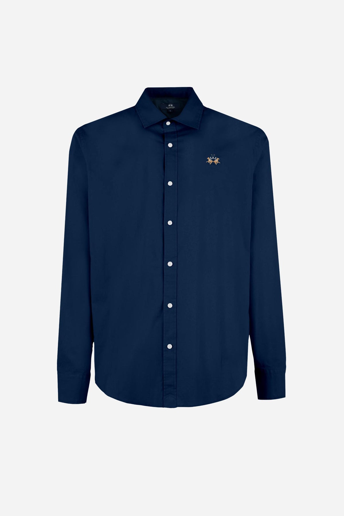Men's long-sleeve 100% cotton poplin shirt with regular fit, French collar, custom buttons, single-button cuff, and Argentina Edition labels for a refined look. - Navy