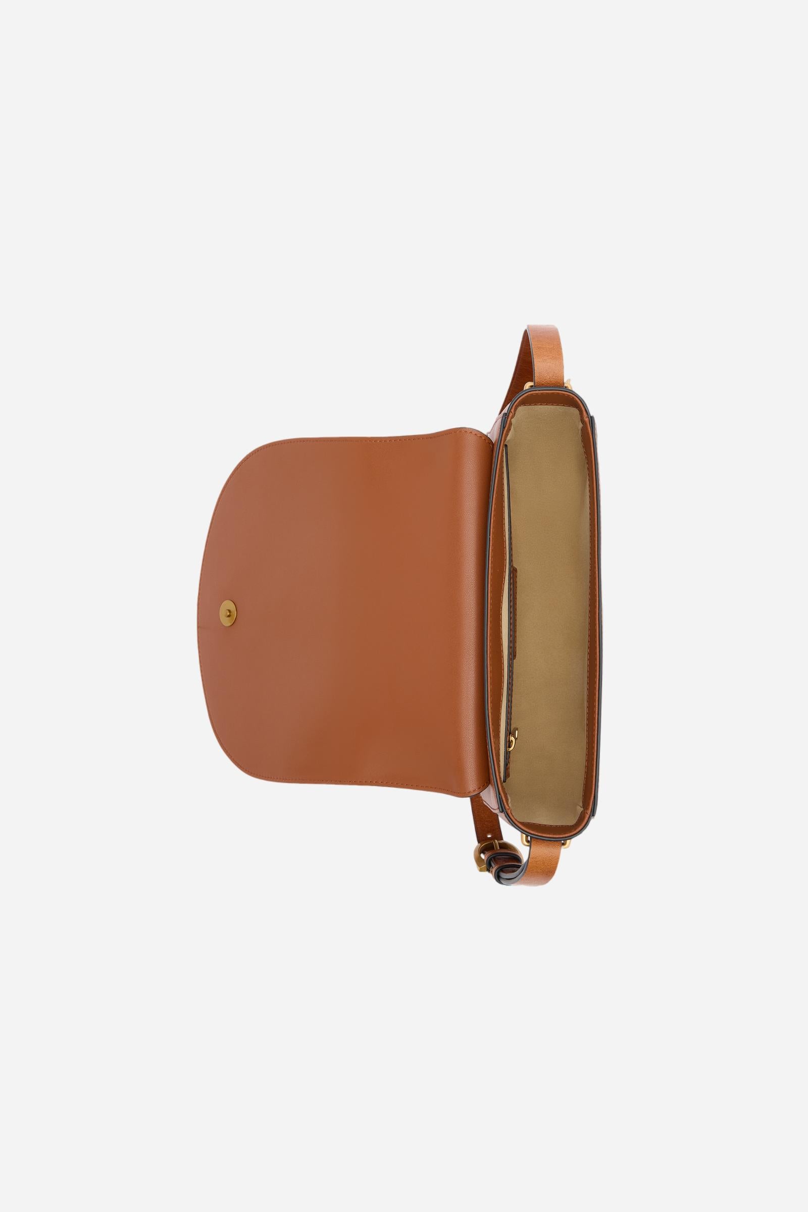 Small crossbody bag in calfskin leather and leather. Curved design with large golden buckle and contrasting details. - COGNAC/LEATHER