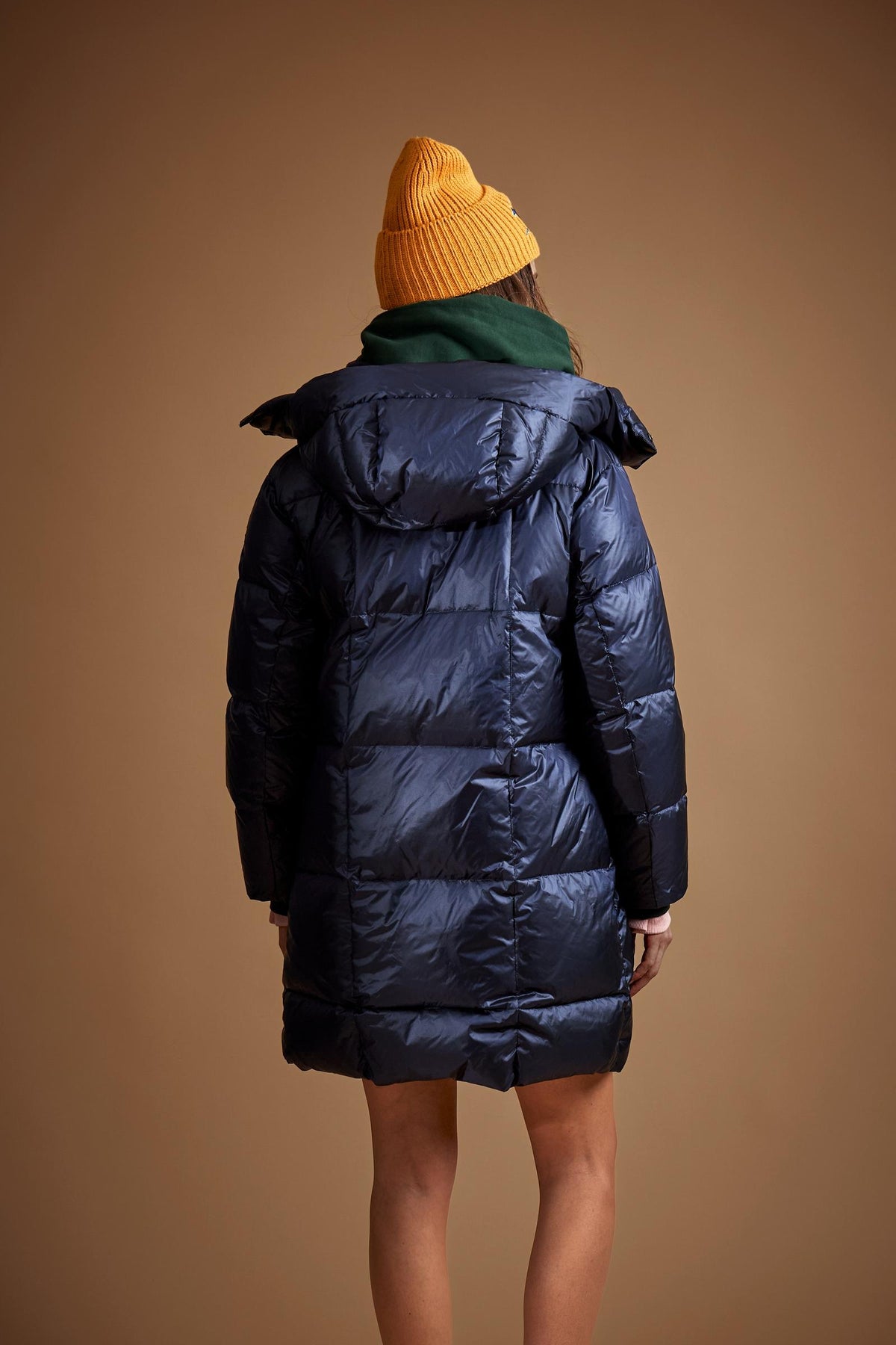 Long women's down jacket in iridescent nylon, feather-padded - Demi