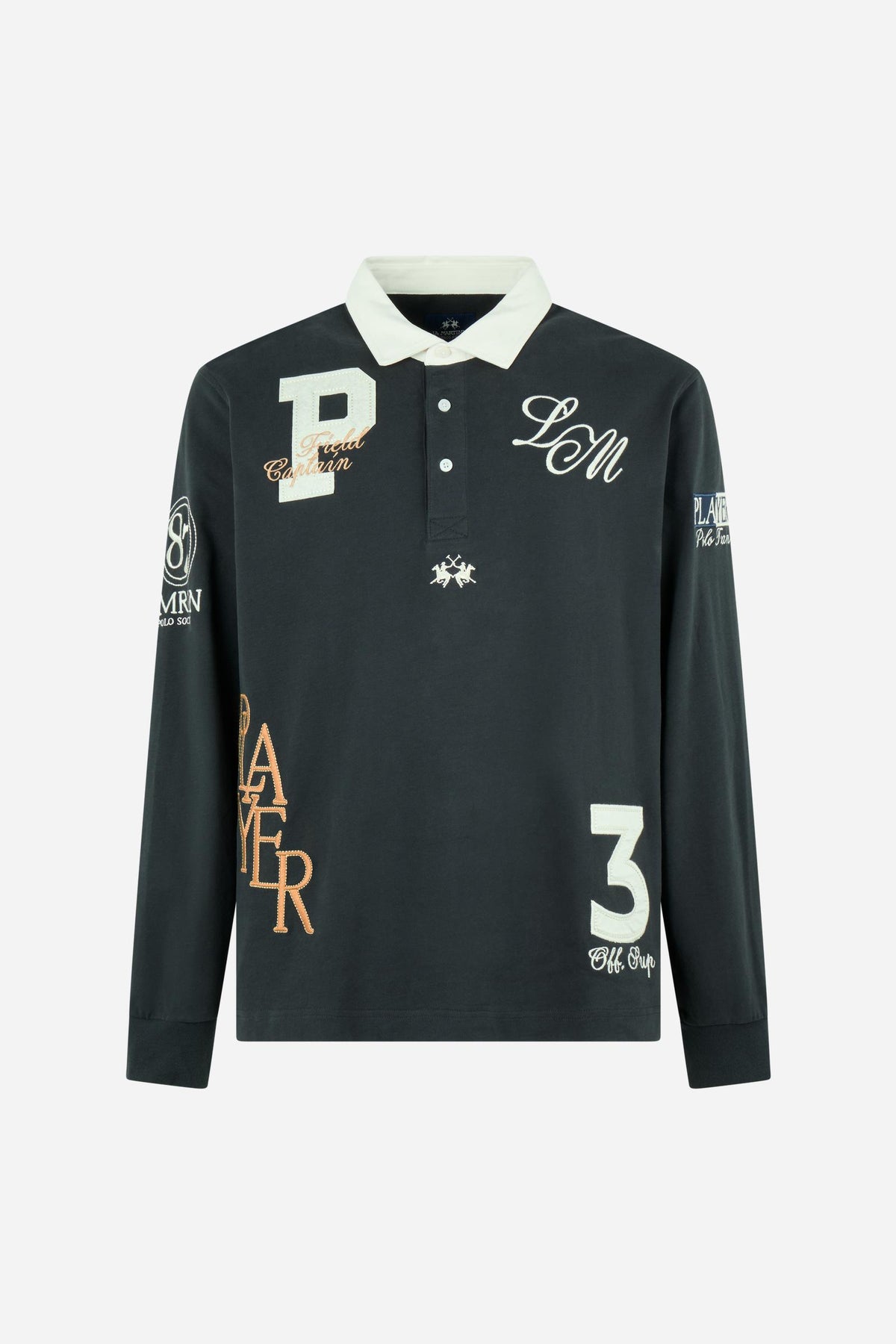 Men's long-sleeve polo in heavy 100% cotton jersey with contrasting collar, ribbed cuffs, embroidered details, and a relaxed contemporary fit for modern comfort. - Navy Blazer
