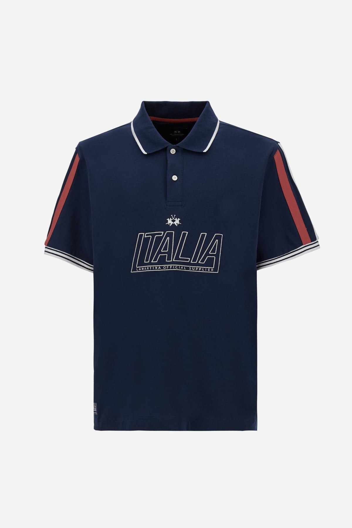 Men's short-sleeve polo in 100% cotton jersey featuring bold Italia graphics, contrast piping, and a contemporary fit. Perfect for a stylish, sporty look. - Navy