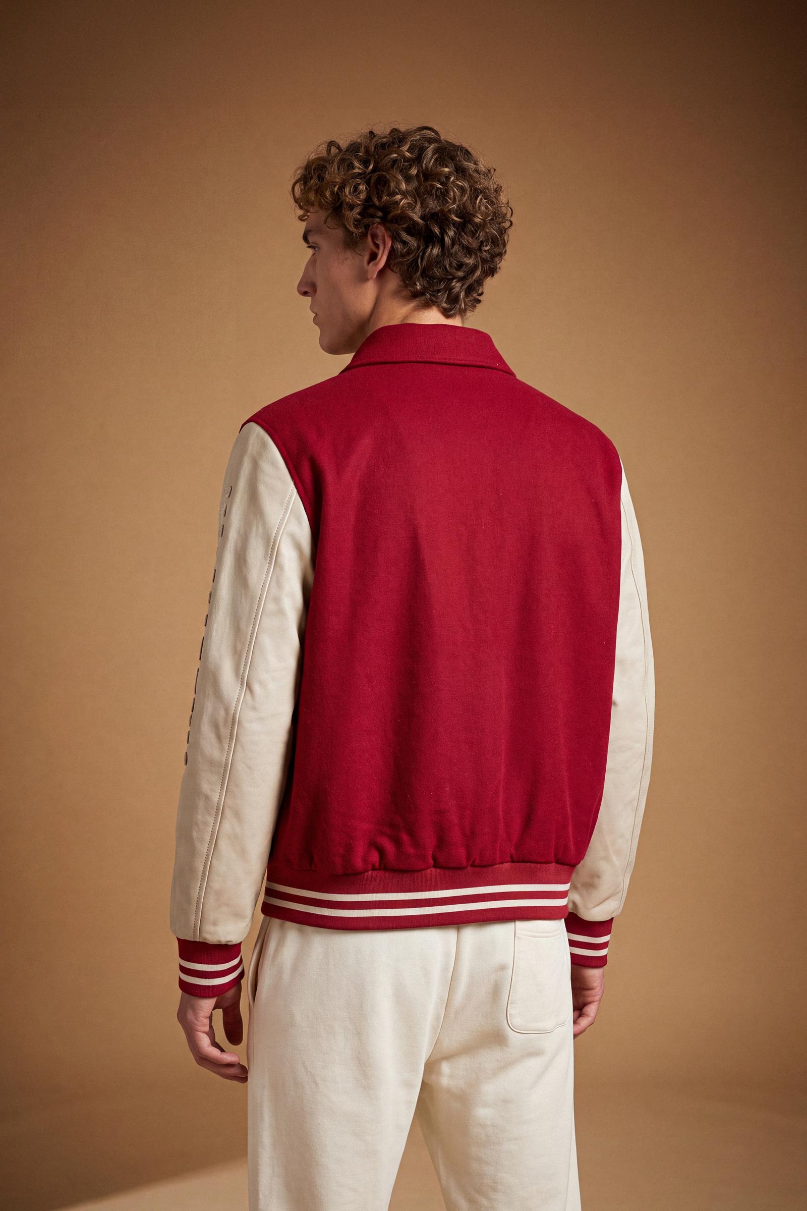 Men's long-sleeve varsity jacket with wool felt body, contrasting faux leather sleeves, ribbed trims, padded lining, chenille patches, and embroidered logo for classic style. - Red Dahlia/Sheer Bli