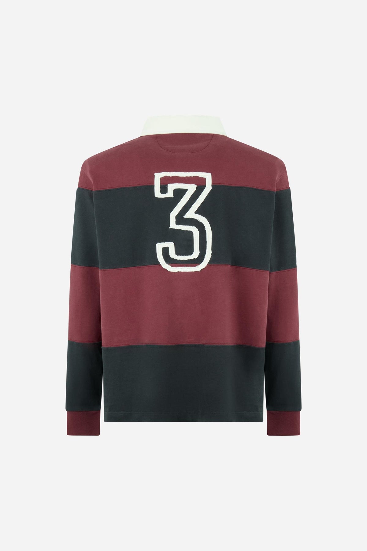 Men's long-sleeve polo made from heavy 100% cotton with a modern fit, dropped shoulders, wide rugby stripes, contrasting gabardine collar, and bold logo details. - Port Royale/Navy Bla