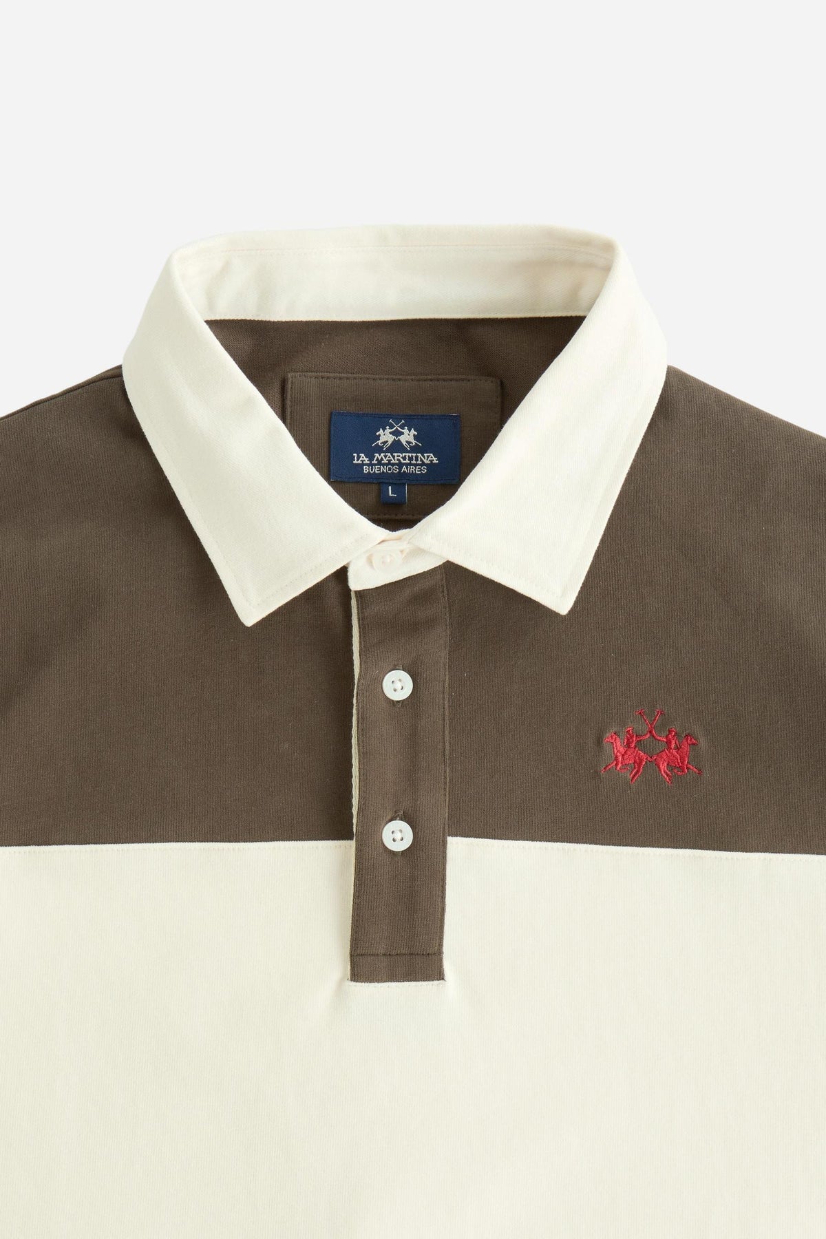 Men's long-sleeve polo in heavy 100% cotton jersey with two-tone collegiate color block, rugby construction, contrasting collar, and embroidered logo for comfor - HotFudge/Pristine