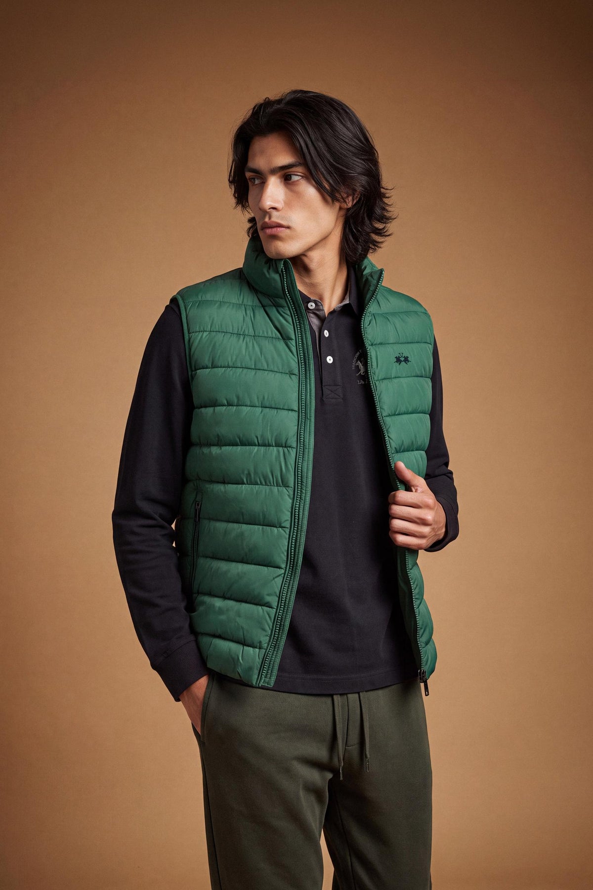 Men's sleeveless down jacket in lightweight nylon with wadding padding for warmth, zippered pockets, high collar, and contrasting interior and logo details. - Pine Grove