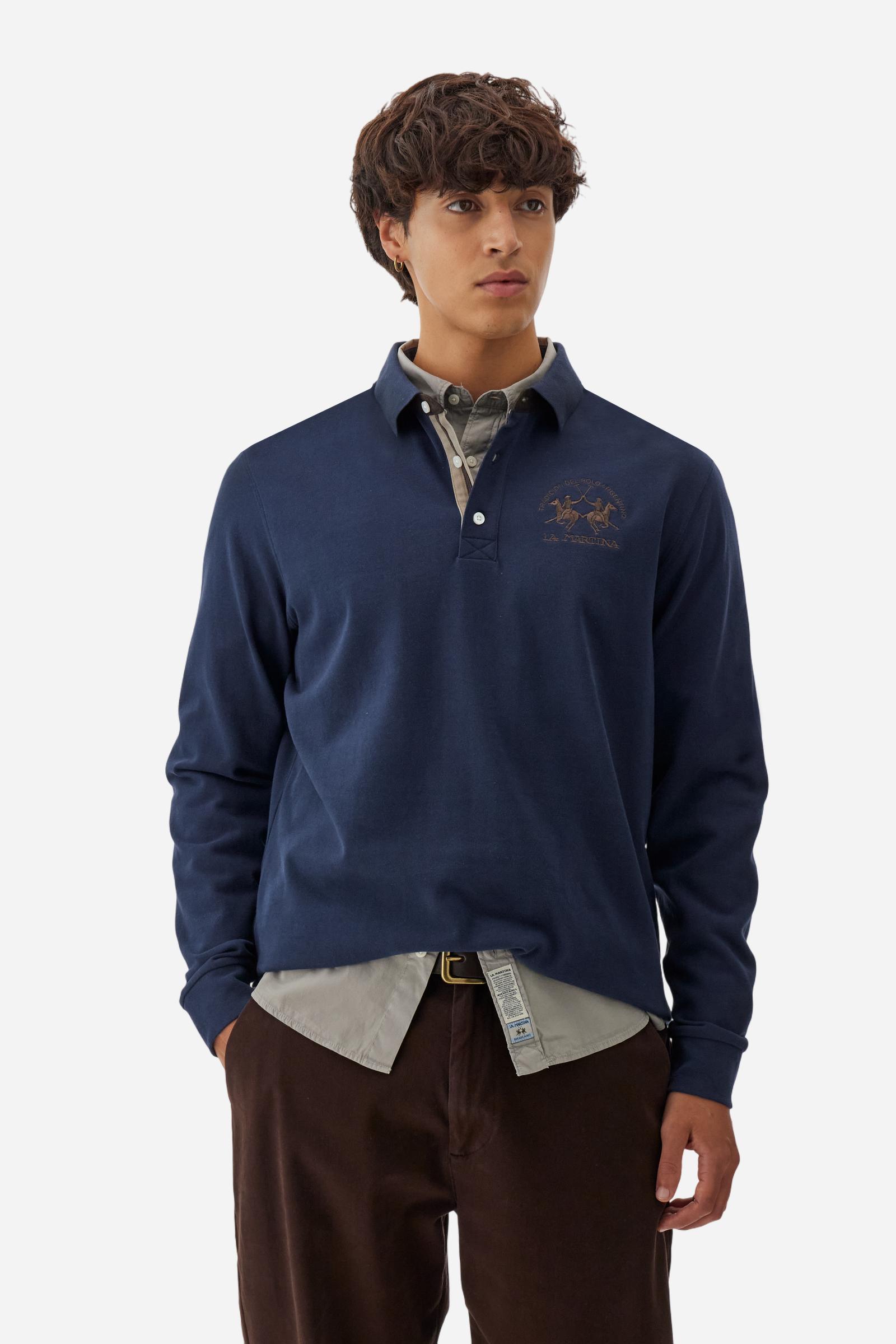 Men’s long-sleeve polo in soft-touch cotton jersey. Regular fit, gabardine collar detail and contrast embroidered team logo on the chest. - Navy