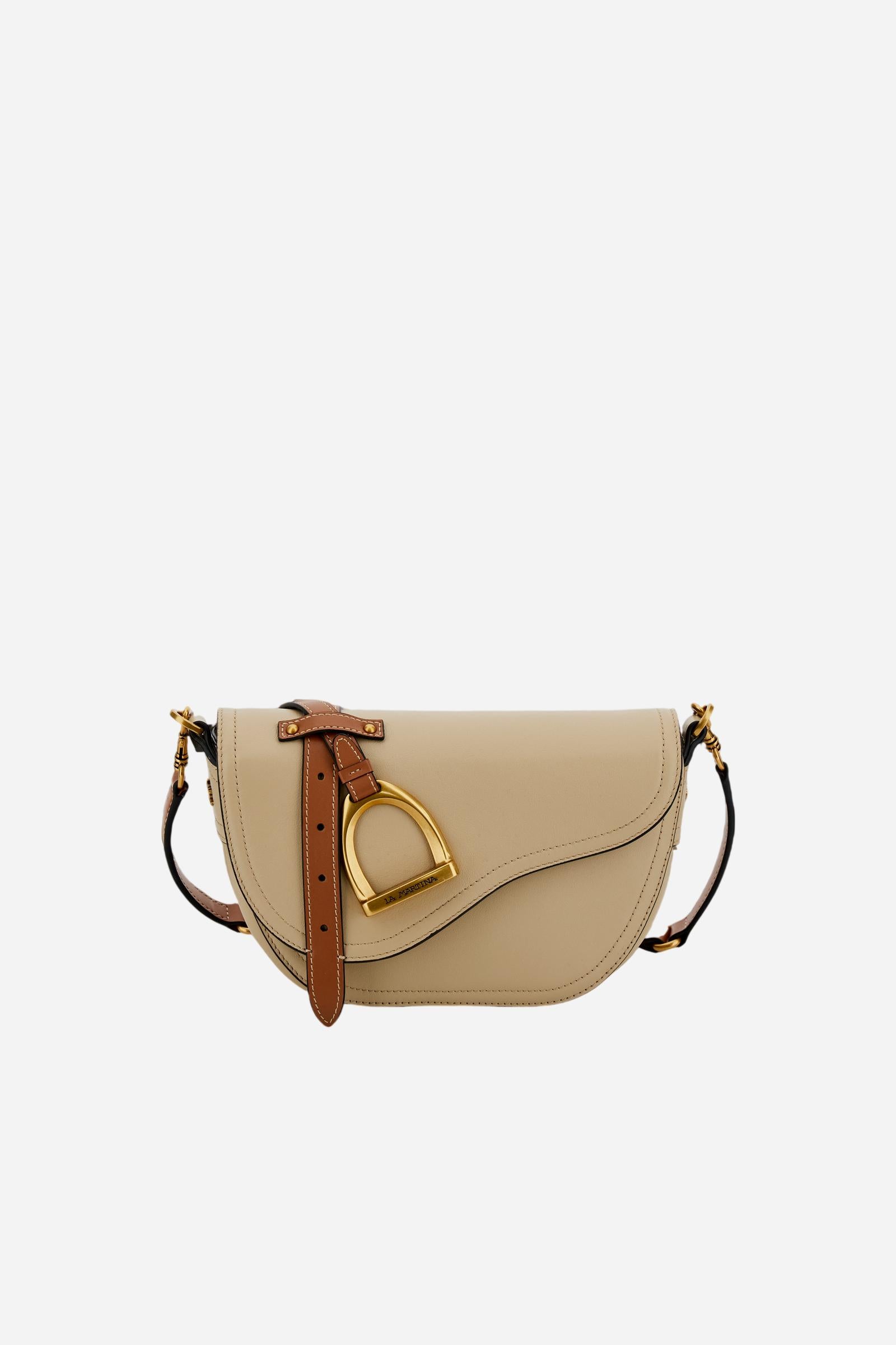Small half-moon bag in full-grain leather with leather trim, saddle flap and gold maxi stirrup buckle with engraved logo. - Neutral/Cuoio