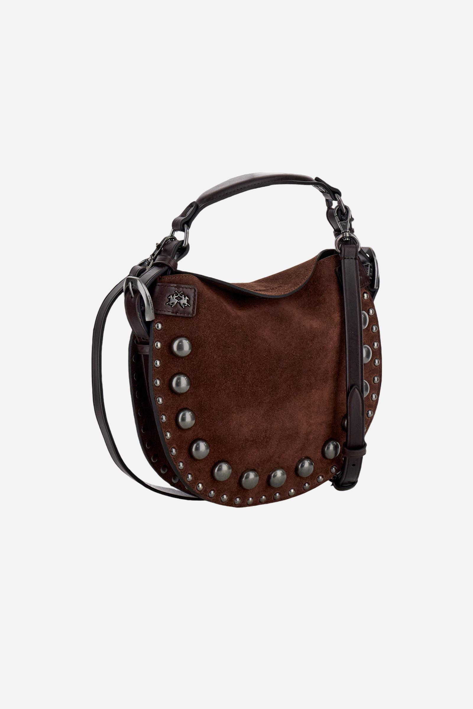 Small suede crescent bag with contrasting leather handles and strap, enhanced with small decorative studs. - D.BROWN/D.CHOCOLATE