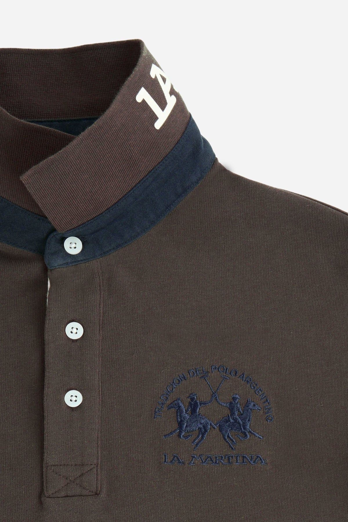 Men's long-sleeve polo in soft cotton jersey with contrasting gabardine collar, ribbed details, multicolor striped placket, and embroidered team logo for comfor - Hot Fudge