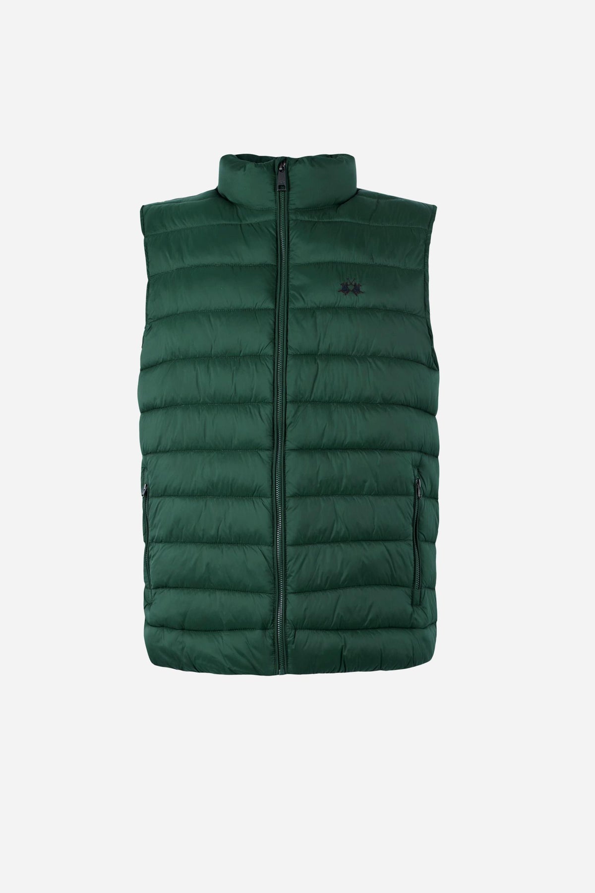 Men's sleeveless down jacket in lightweight nylon with wadding padding for warmth, zippered pockets, high collar, and contrasting interior and logo details. - Pine Grove