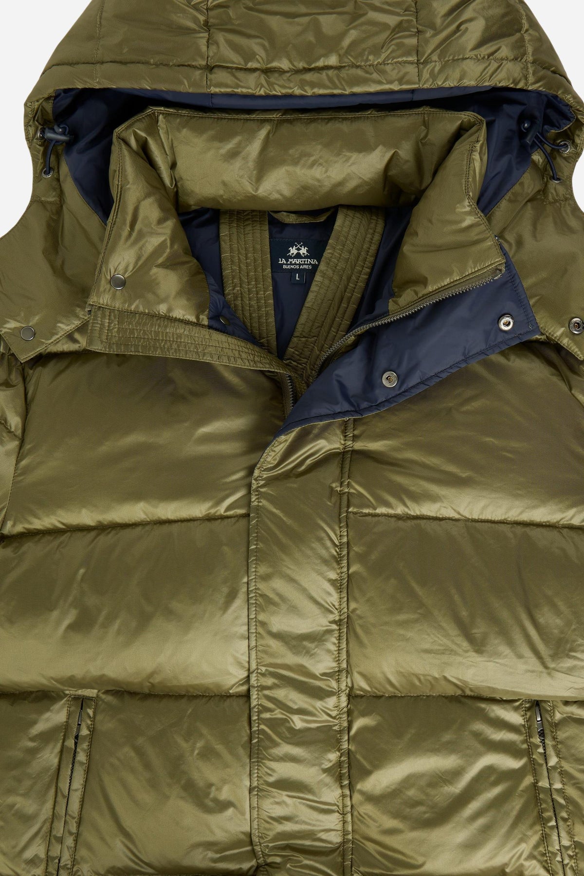 Men's padded feather bomber jacket with detachable hood, iridescent nylon, double zipper, snap buttons, adjustable drawstring, zippered pockets, and embroidered logo. - Burnt Olive