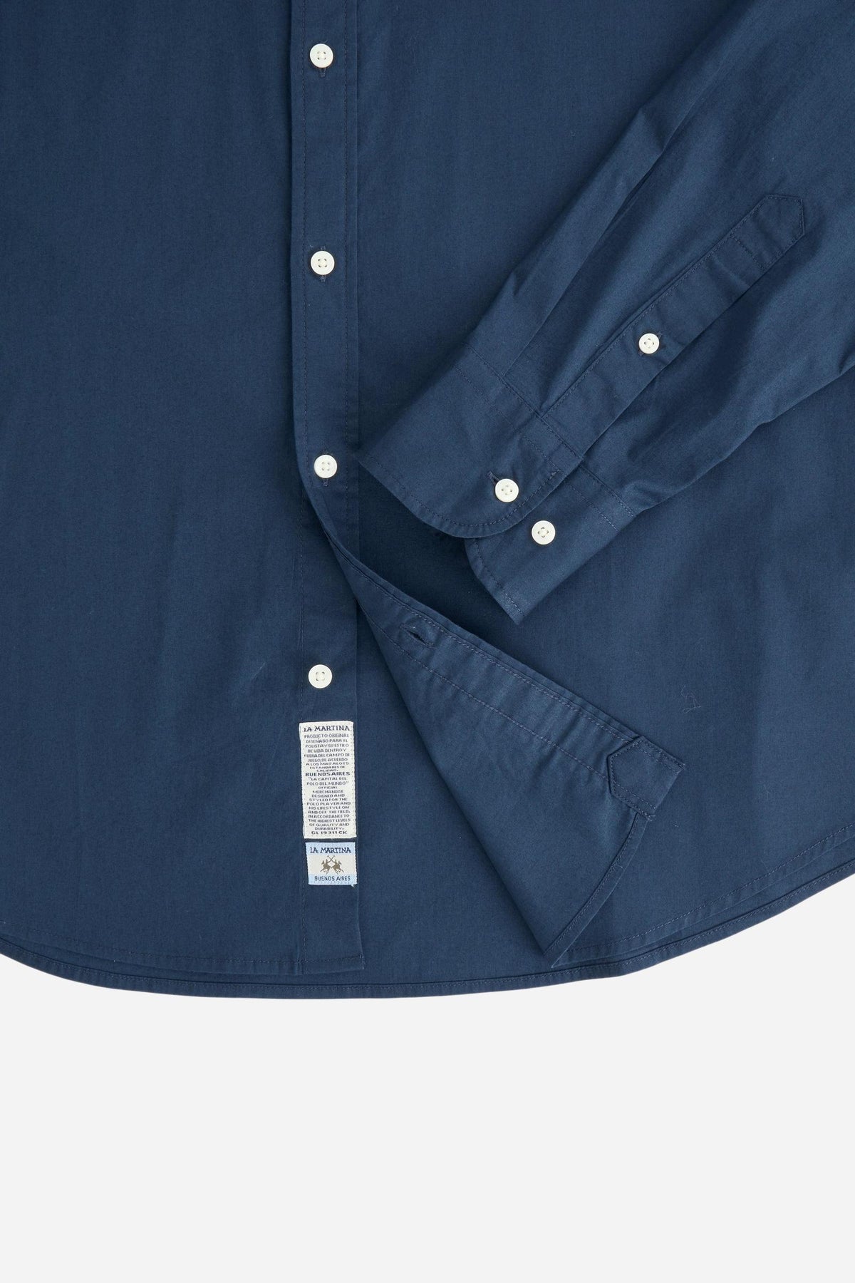 Men's long-sleeve 100% cotton poplin shirt with regular fit, French collar, custom buttons, single-button cuff, and Argentina Edition labels for a refined look. - Navy