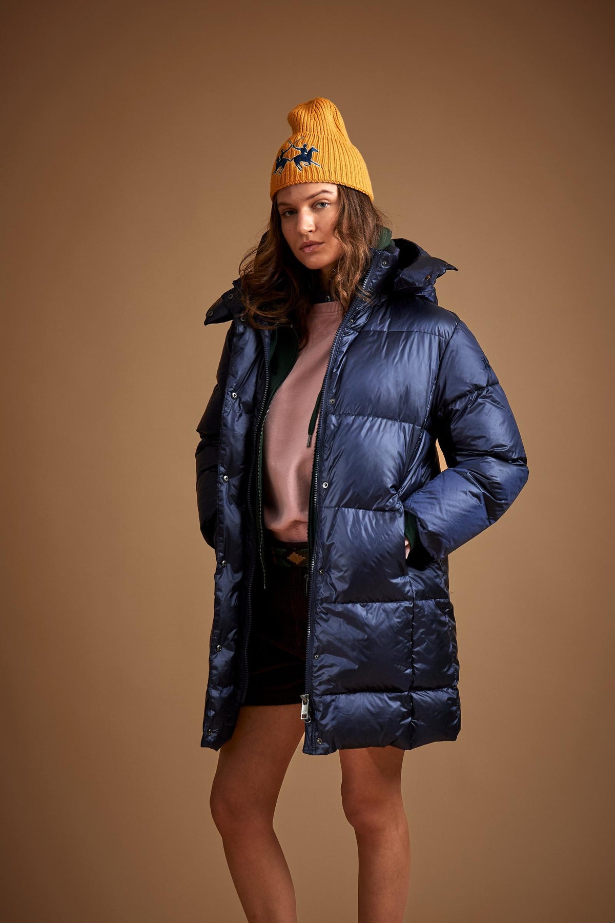 Long women's down jacket in iridescent nylon, feather-padded - Demi