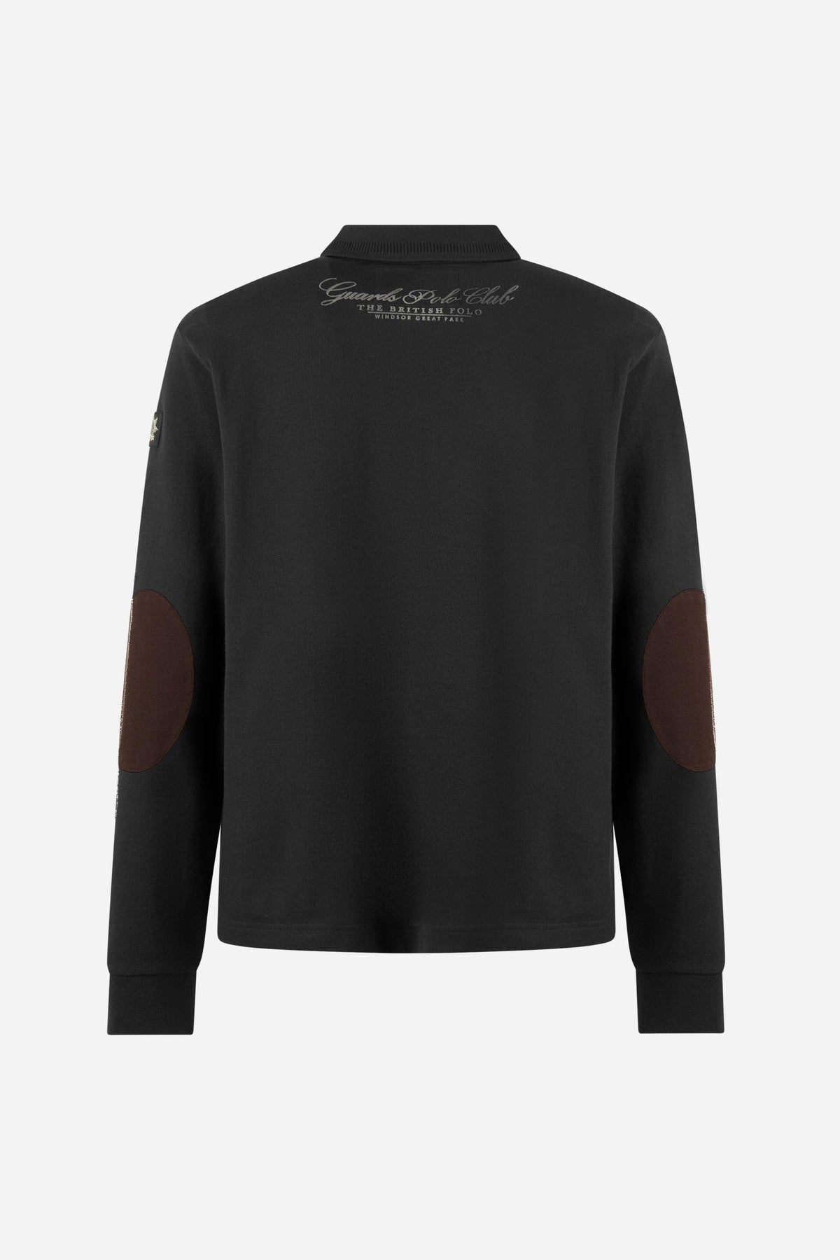 Men's long-sleeve cotton piqué polo with ribbed collar and cuffs, reinforced elbow patches, embroidered details, and a comfortable regular fit for lasting style. - Black