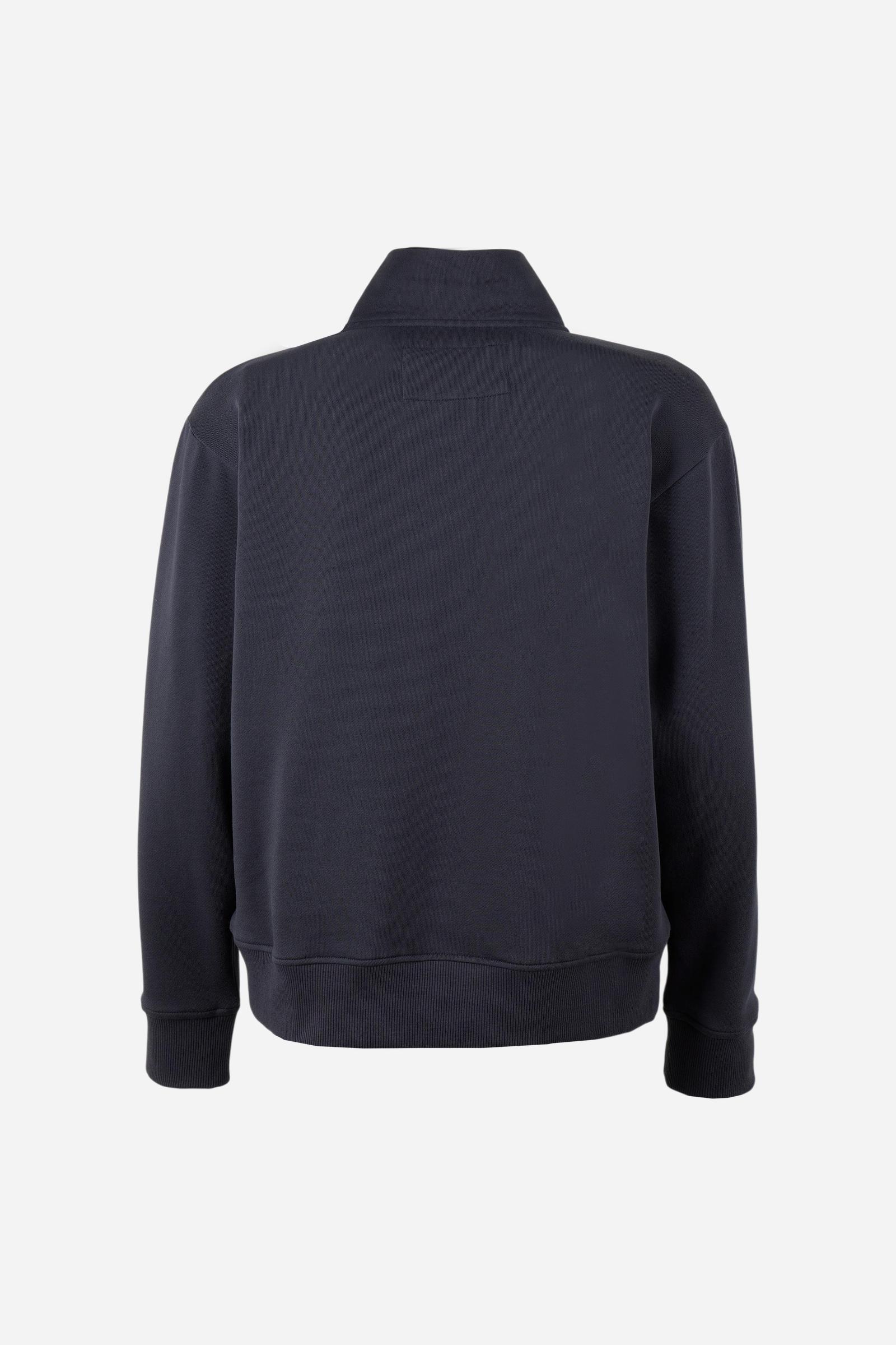 Soft, brushed cotton fleece sweatshirt with a high collar and half zipper, ribbed cuffs and hem, regular fit, and subtle embroidered logo for everyday comfort. - Navy Blazer
