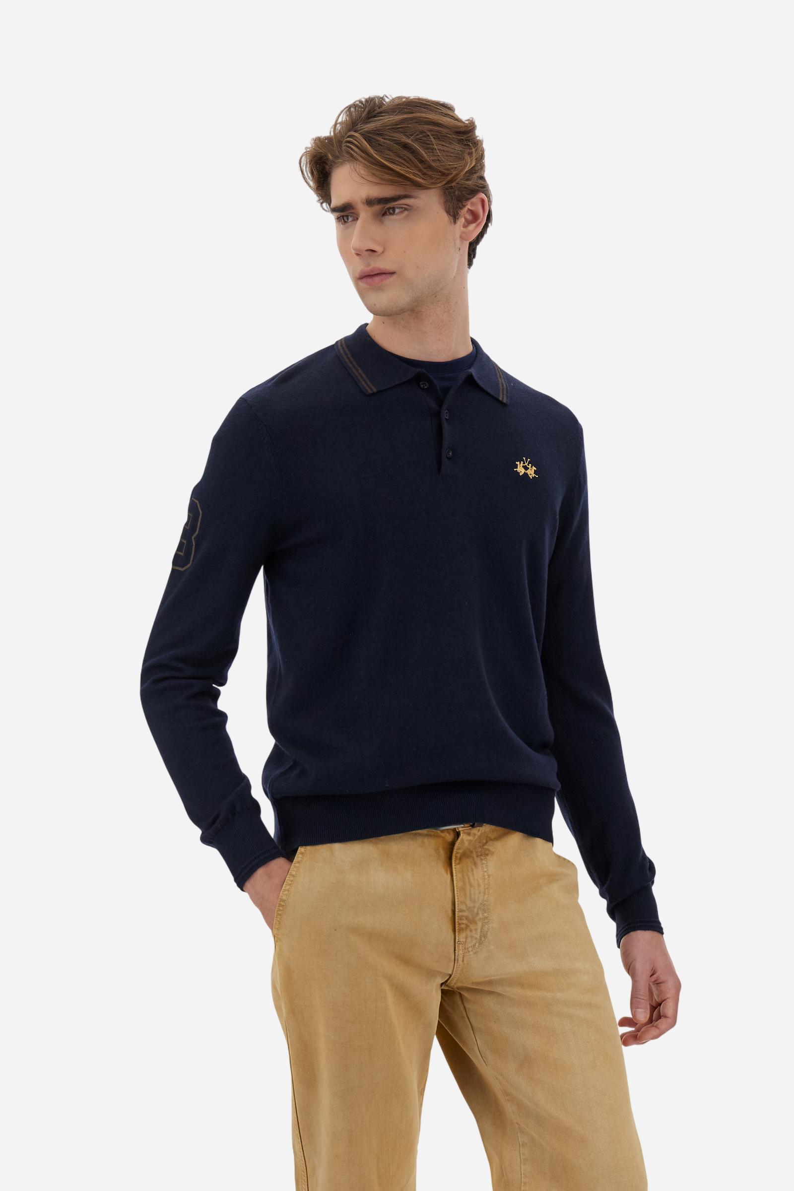 Men’s cotton and wool knit polo with small logo - Navy                                                                                                                                                                                                                                                                                                                                                                                                                                                                          