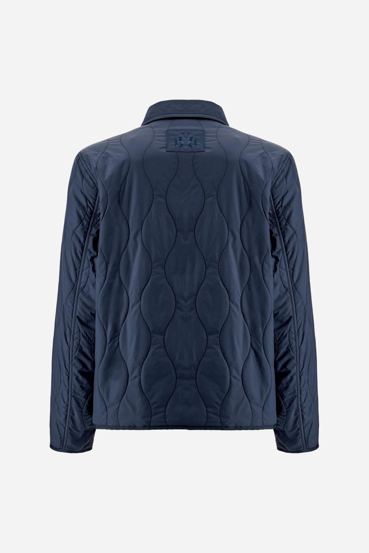 Men’s quilted nylon overshirt featuring a wave pattern, zip and horn-effect button fastening, large front pockets, and an embroidered logo on the back. Regula - Navy