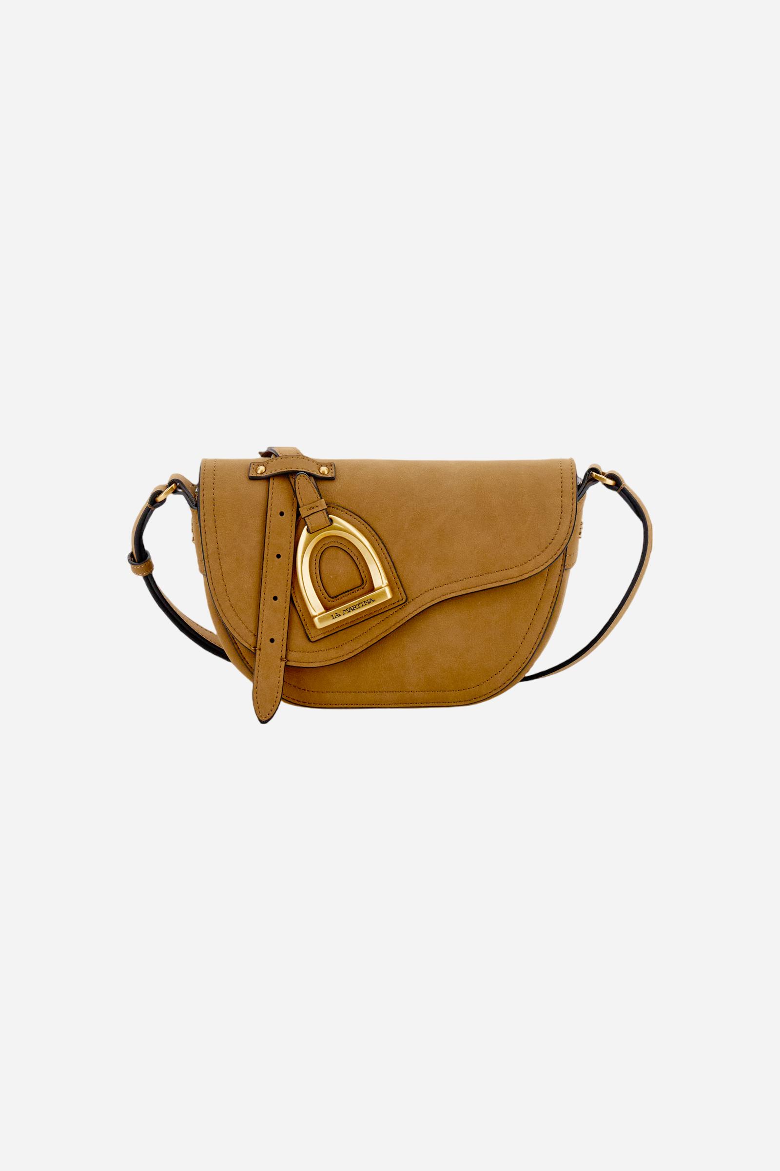 Small crossbody bag in nubuck. Compact and velvety, with flap and golden metal logo buckle. - PALISANDER