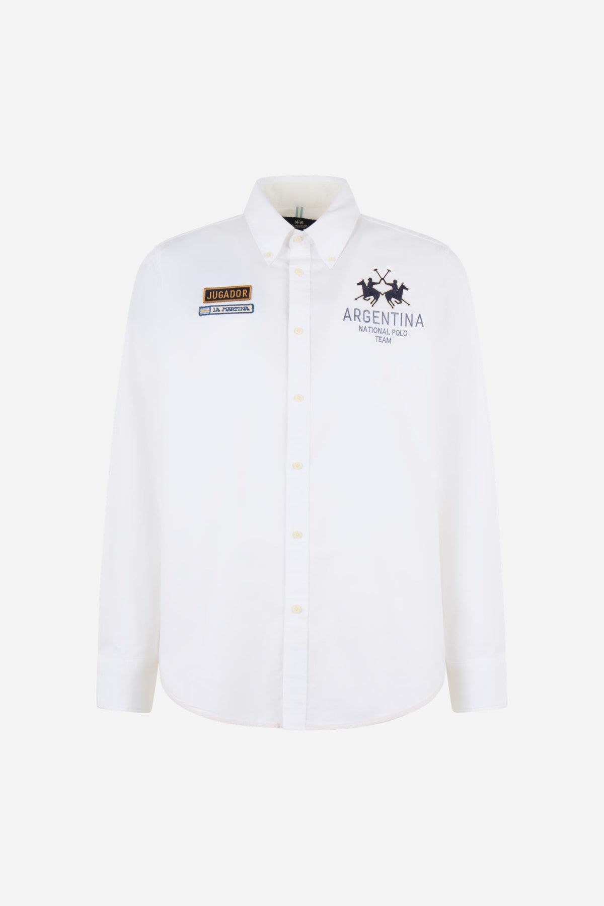 Men’s long-sleeve 100% cotton Oxford shirt with a soft texture, regular tailored fit, button-down collar, mother-of-pearl buttons, and detailed embroidered patches. - Optic White