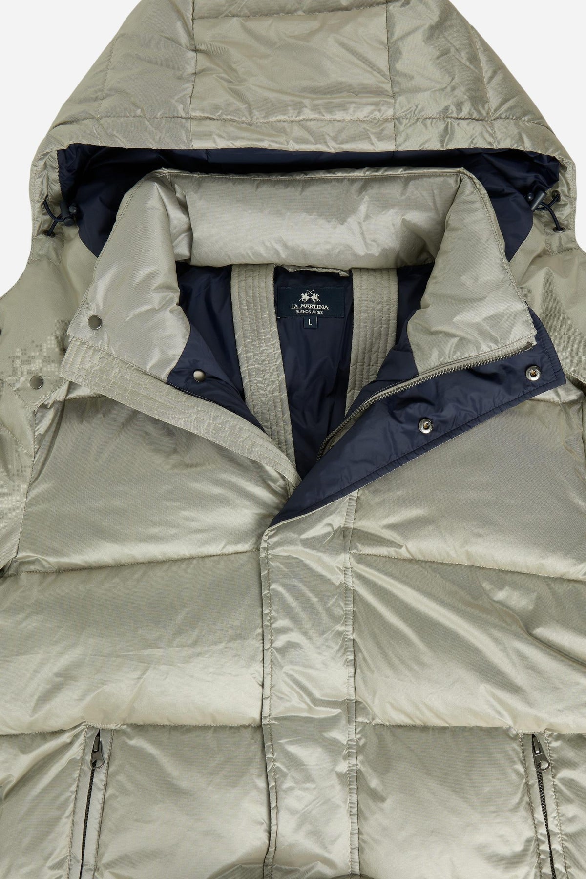 Men's padded feather bomber jacket with detachable hood, iridescent nylon, double zipper, snap buttons, adjustable drawstring, zippered pockets, and embroidered logo. - Pristine